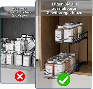 Extendable Spice Rack for Cupboard 2 Tier Spice Racks Black
