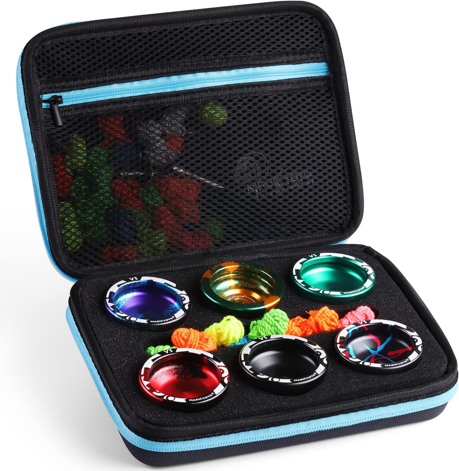 Professional Yoyo Storage Case, Yo-yo Case Carry Bag Protect Yo yo Accessories, 6 Yoyo Storage Compartments and Interior Zip Compartment (Black Blue)