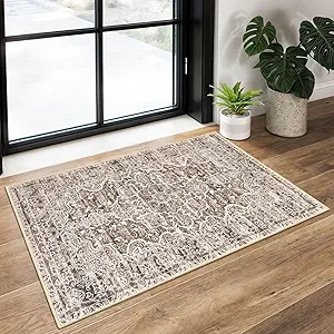 KUTA Vintage Floral Rugs 2x3 Washable Entryway Small Area Rug Non-Slip Ultra Soft Brown Doormat Indoor Printed Retro Distressed Accent Kitchen Throw for Entrance Bedroom