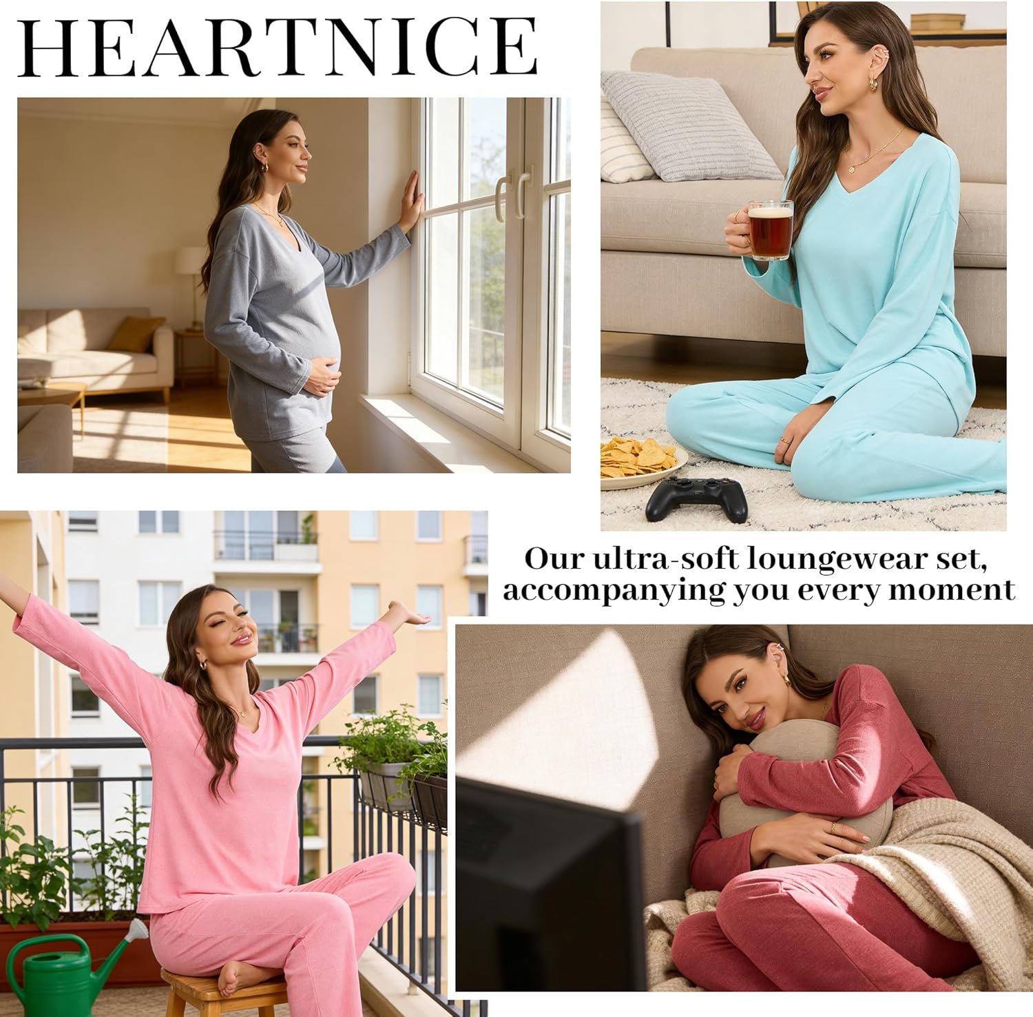 HEARTNICE Women's Ultra Soft V-Neck Long Sleeve Pajama Set - Lightweight & Stretchy PJs for Cozy Nights - Image 5