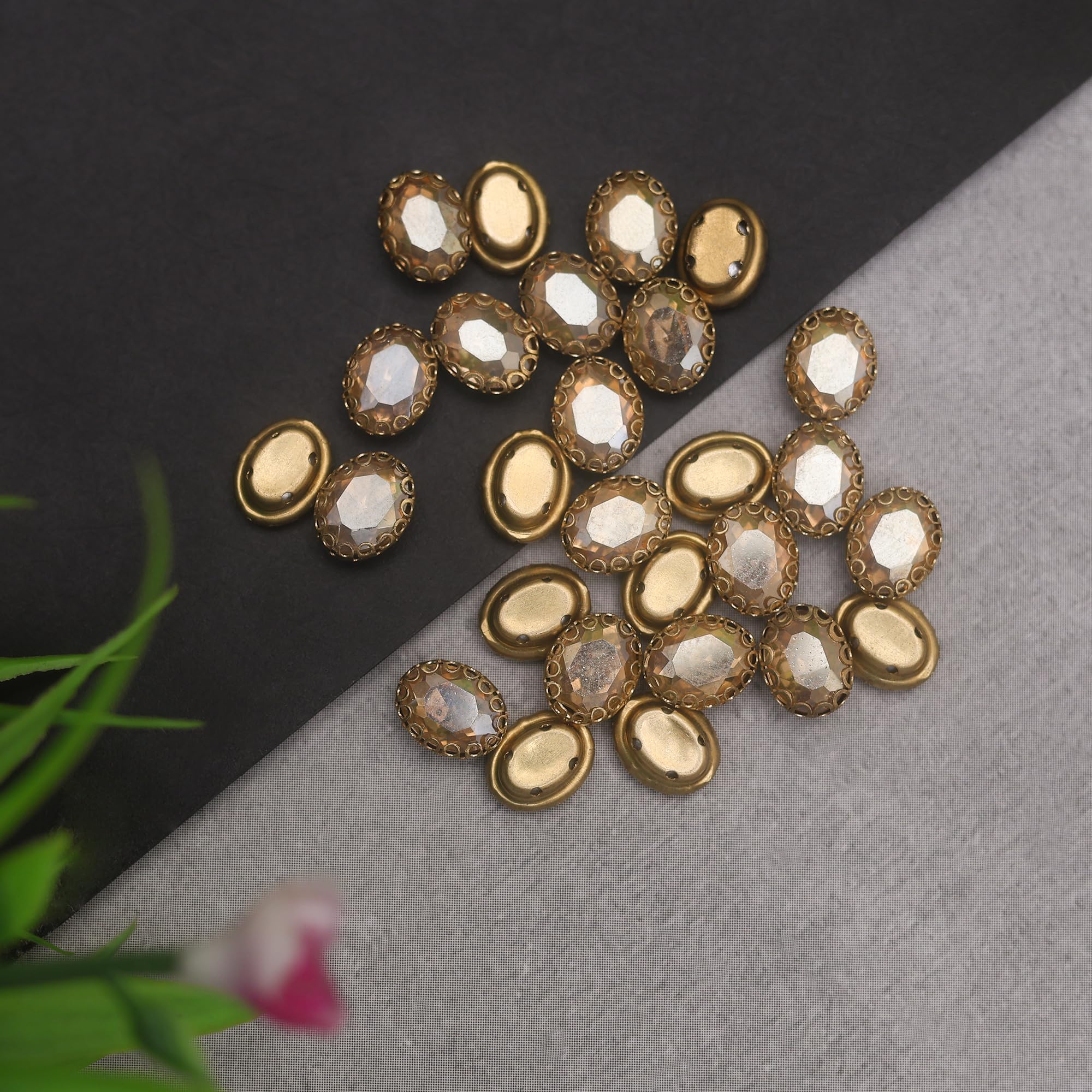EmbroideryMaterial Glass Sew On Rhinestones with Gold Brass Flower Catcher for Aari Work, Saree, Jewellery, Dress, Craft & Embroidery Designing (25 Pcs, Light Gold, 7x9MM, Oval Shape) 4
