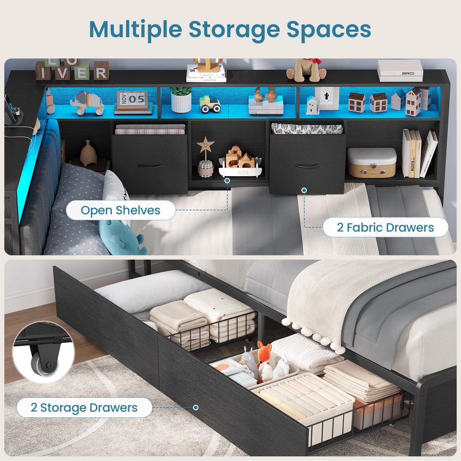 Struttura Letto Angolare Con Contenitore,Divano Letto Con Testiera Imbottita E Stazione Di Ricarica,Letto a LED 90 X 190 Cm Con 2 Cassetti E Libreria,Struttura Letto Angolare Mental,Grigio