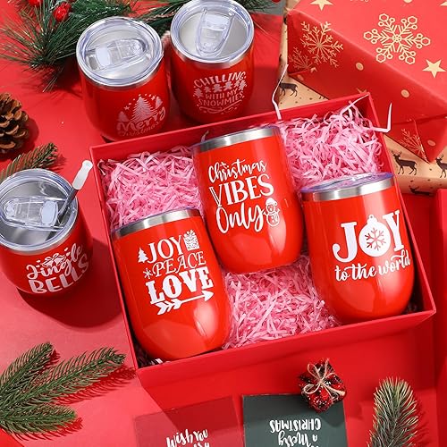 Miniatura 2 de Tioncy 6 vasos de vino de Navidad de 12 onzas de acero inoxidable con aislamiento térmico con tapa, divertidos regalos de Navidad con pajitas y