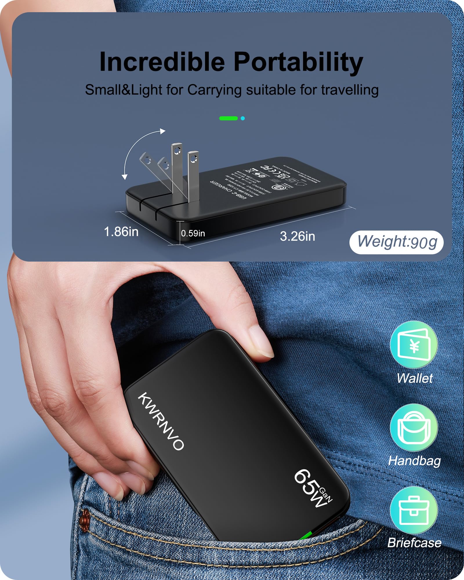 Caricatore da parete USB piatto, caricatore GaN a 3 porte con 2 porte USB-C e 1USB-A, spina da parete ultra sottile veloce per MacBook Pro/Air, Pixelbook, iPad Pro, iPhone 16/15/14 (nero, 65 W)