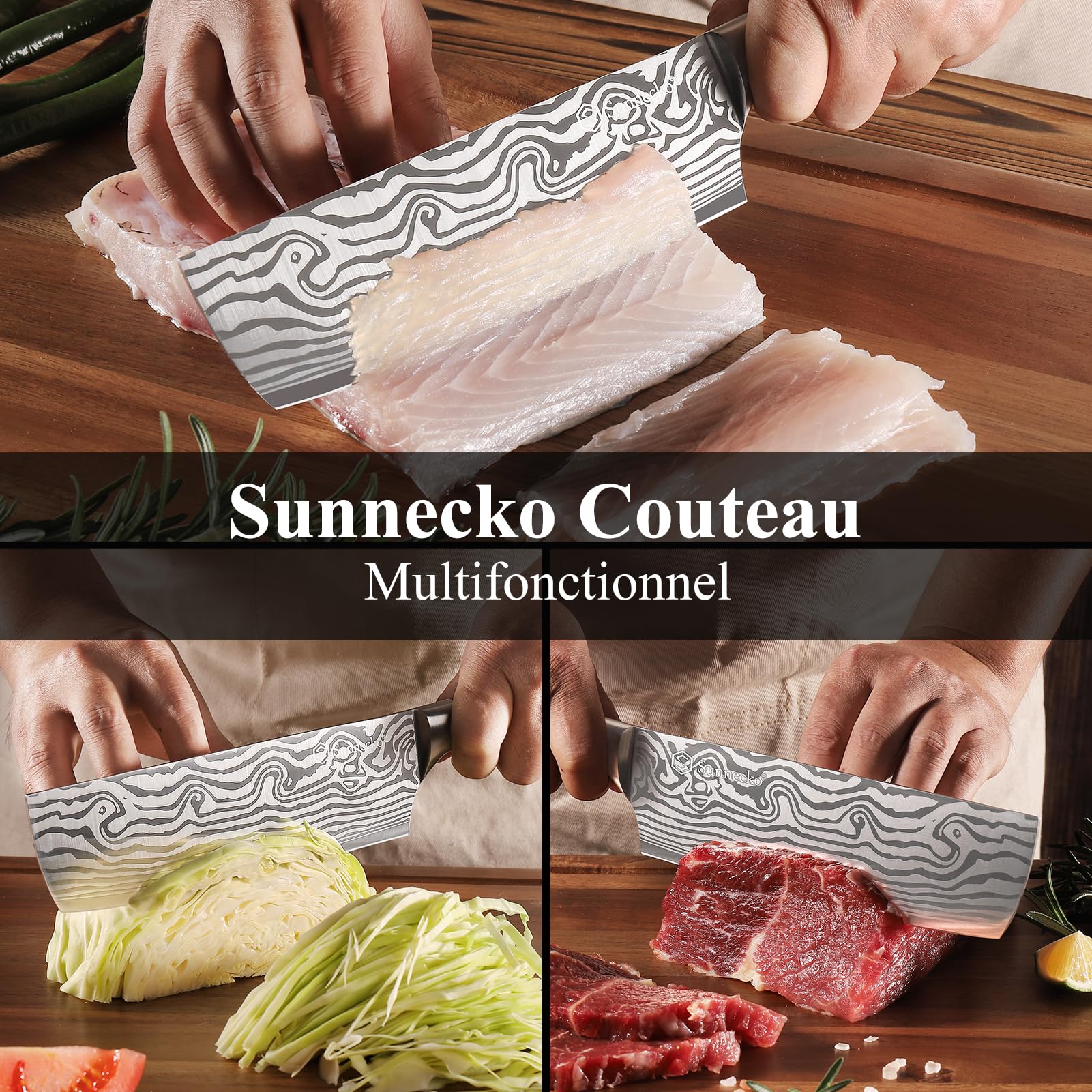 Sunnecko Couteau Nakiri Cuisine 18cm avec Protection de Lame, Couteau de Cuisine Professionnel pour Viande Légume Plat Asiatique, en Acier Inoxydable