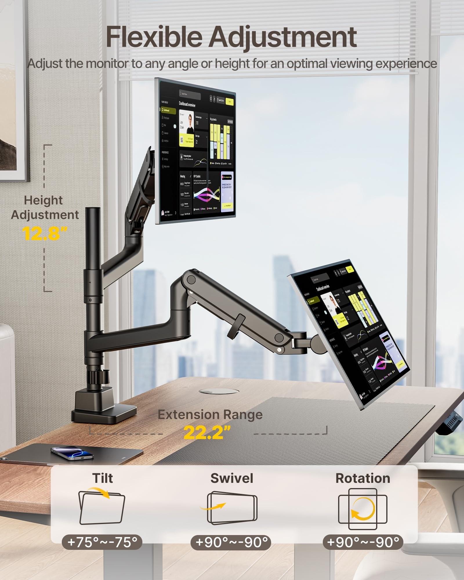 MonTEK Dual Monitor Arm – Heavy-Duty Gas Spring Mount For Up To 57" Screens, 59.4 Lbs Each
