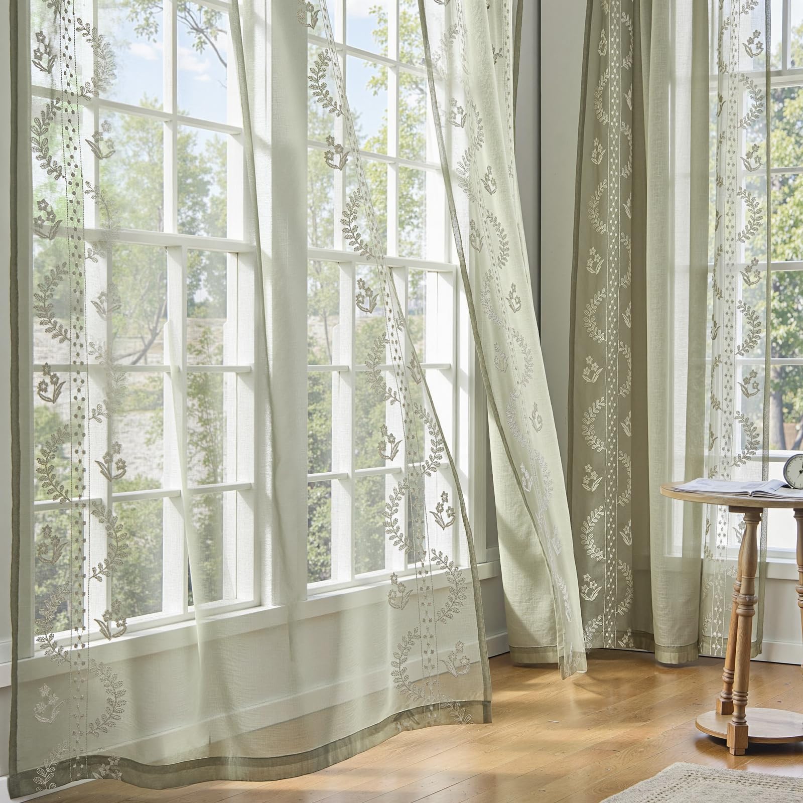 TOPICK Embroidery Floral Net Curtains for Bedroom Windows Linen Look Light Filtering Voile Eyelet Curtains 54 Inch Drop - Image 3