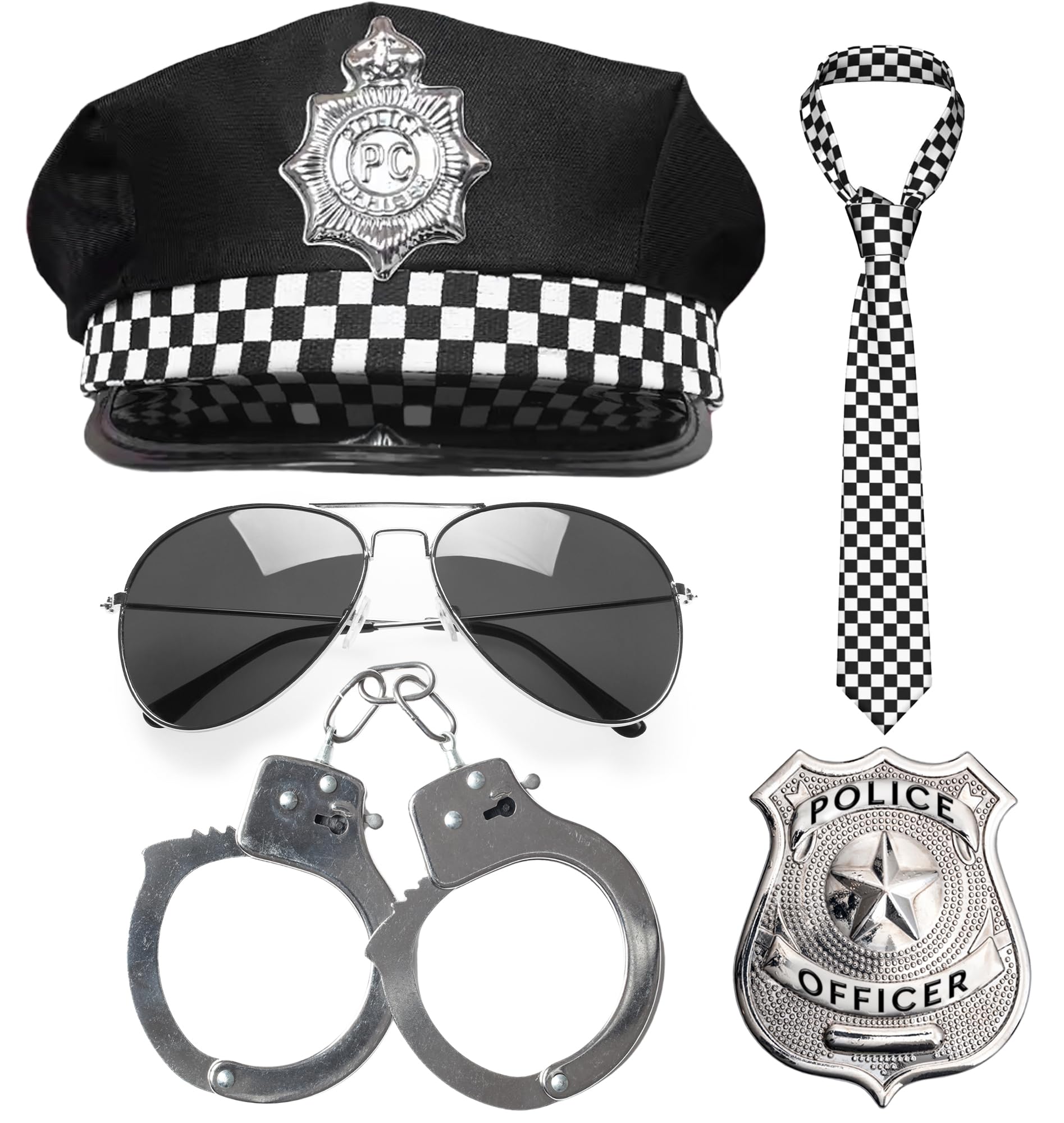 5pc Adult Police Costume Accessories Women and Men - Policeman Hat, Aviator Sunglasses, Cop Badge, Checked Fancy Dress Tie and Metal Handcuffs - Ladies Police Costume Women Fancy Dress for Adults Men