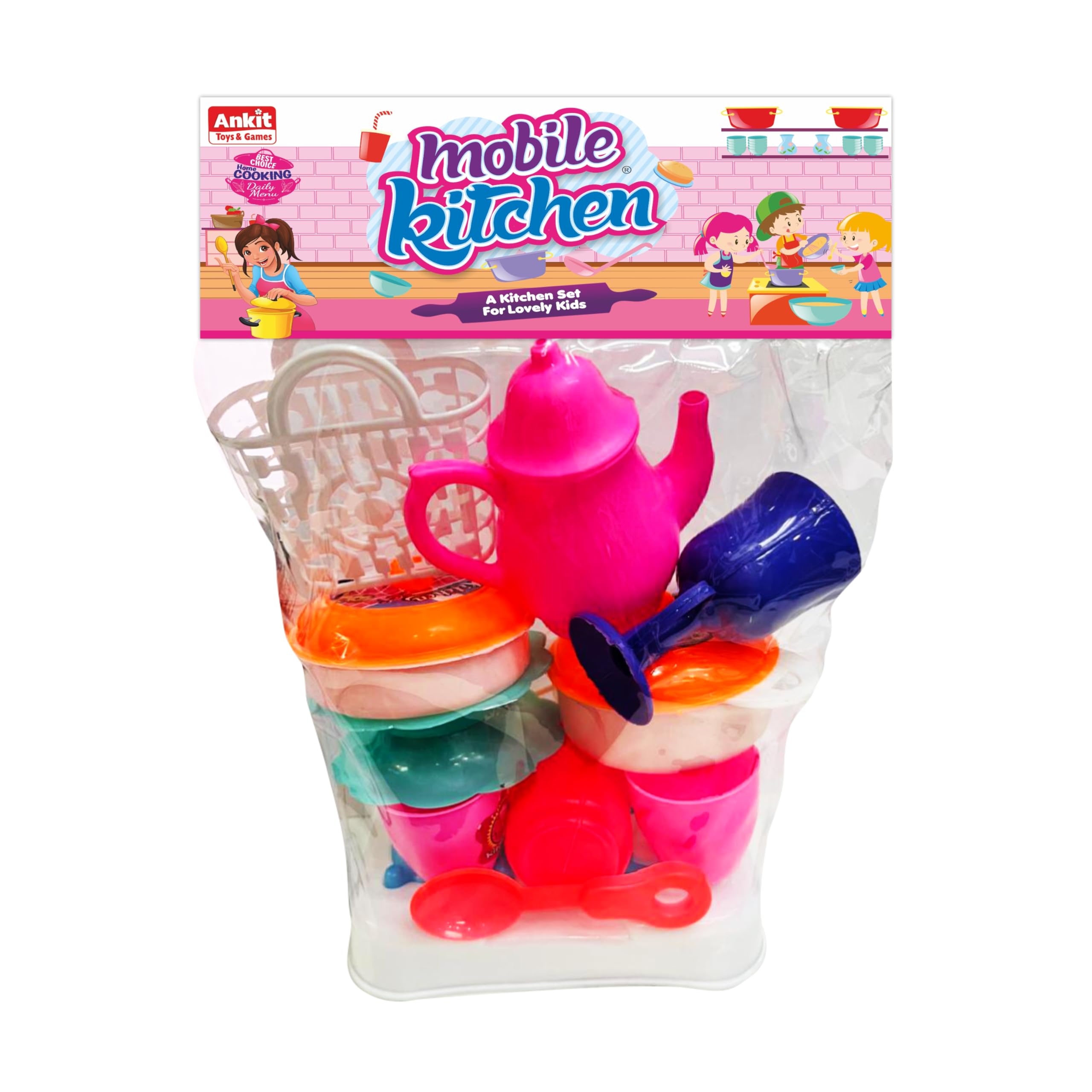 Mobile Kitchen Set for Kids Toy with Mini Appliances, Ideal for Imaginative Cooking and Role-Playing, Accessories and Play Food Portable Interactive (Set of 14 Pcs)