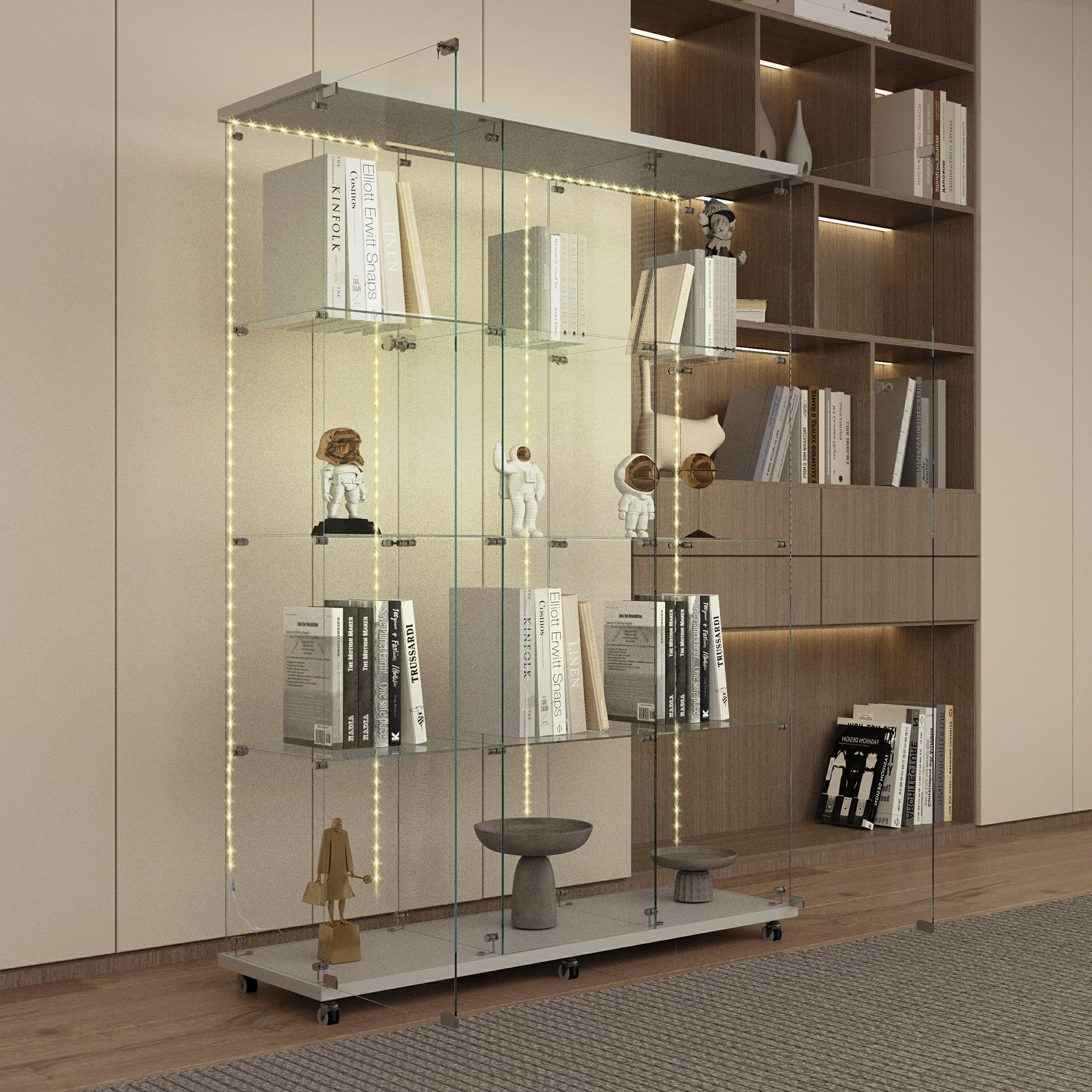 espidoo LED Glass Display Cabinet: 25 Light Modes & Lockable Casters - 110 Lbs Capacity Movable Storage for Collectibles & Wine - White Tempered Glass Cabinet for Living Room & Office