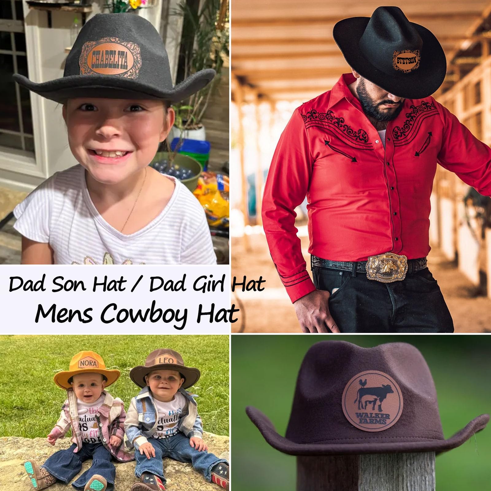 Personalized Western Cowboy Hat for Men - Custom Name Dad Son Hat - Sewn Leather Patch Cowgirl Hats for Women