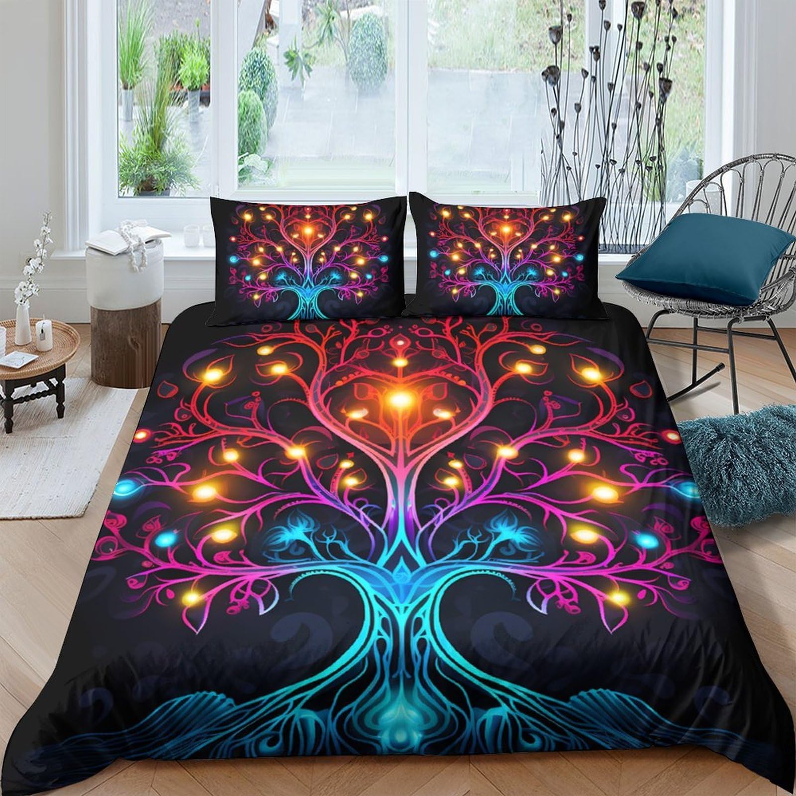 Ctjqhvkz Style-3 3D Printed Luminous Tree Of Life Fitted Sheet Microfiber Soft Colourful Roots Bed Cover For Bedroom Guest Room Decor Single（135X200cm）
