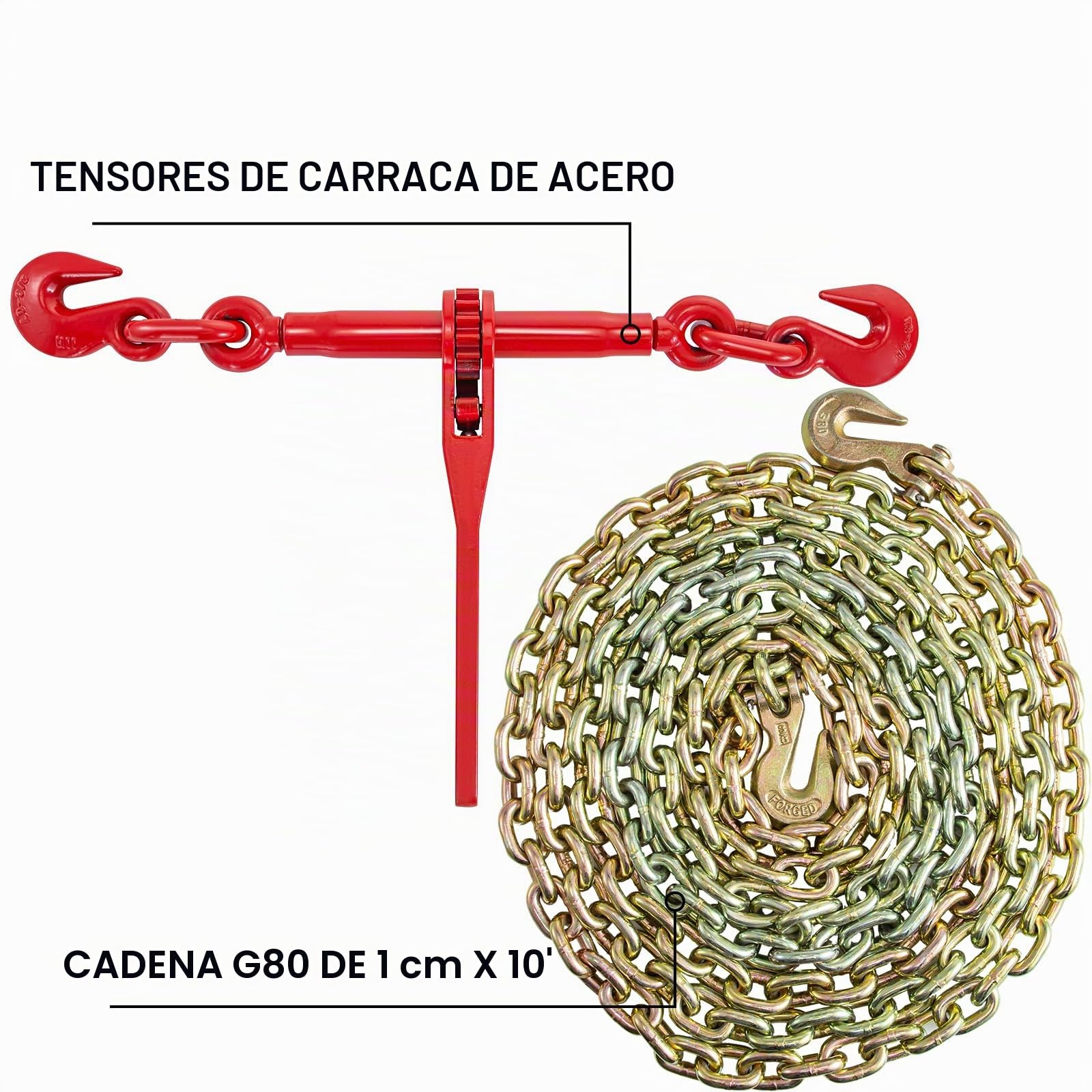 VEVOR Kit de Cadena y Aglutinante 10-13 mm Aglutinantes de Carga con Trinquete 4,18 T de Fuerza de Trabajo Aglutinantes y Cadenas de Trinquete con Ganchos G70 10mm x 3m para Camión, Amarre, Transporte