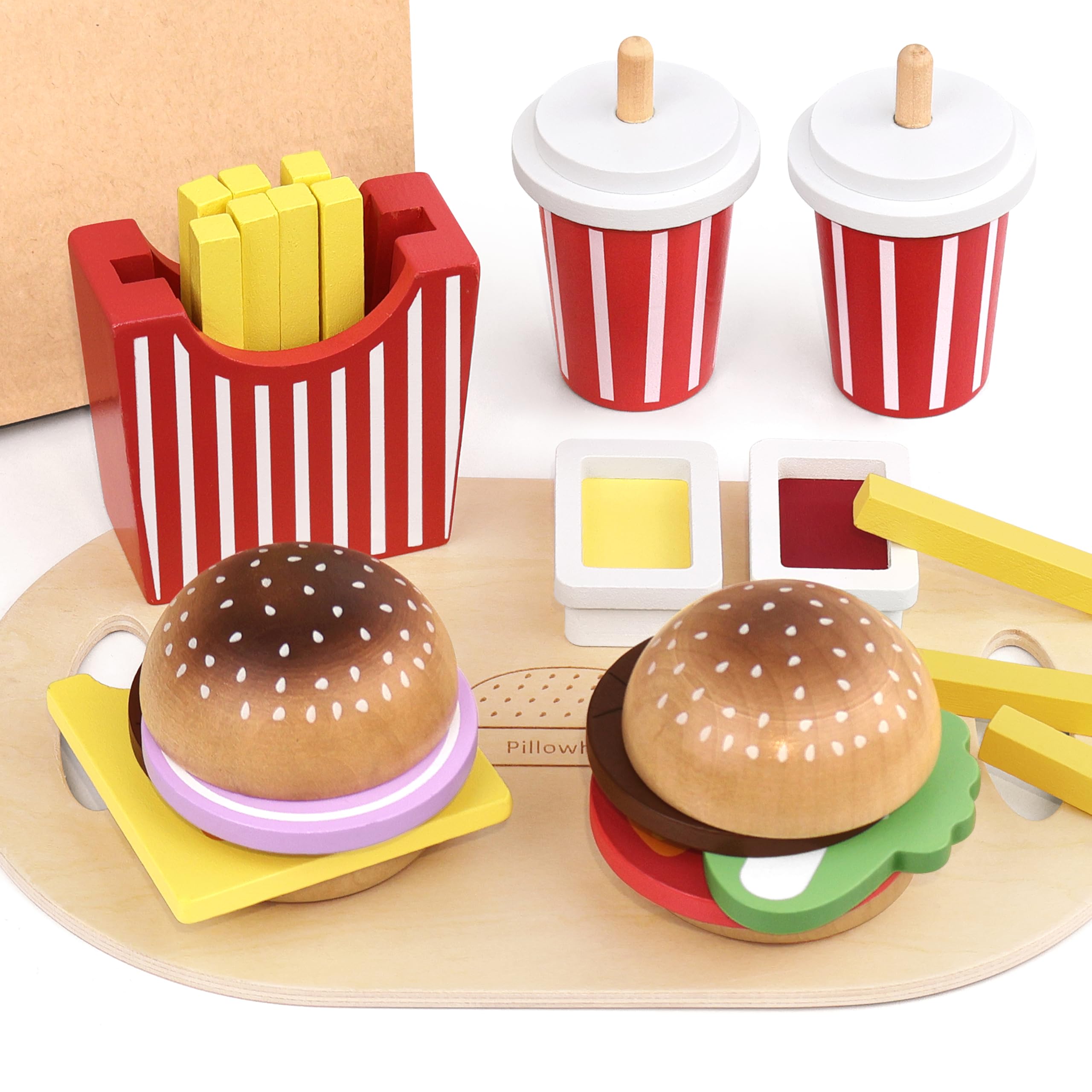 Wooden Play Food Toy for Kids Pretend Play Kitchen Accessories for Toddlers Wooden Play Fast Food Hamburger Set Educational Toys Gift for Boys Girls