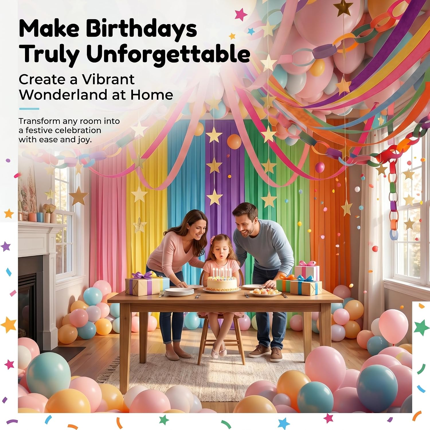 Paper Chain Garland Kit, 300 Sheets Paper Chain Strips, 492ft Crepe Paper Streamers, 52.5ft Gold Star Backdrop, 30 Pcs Macaron Balloons for Birthday Wedding Party Decorations DIY Crafts