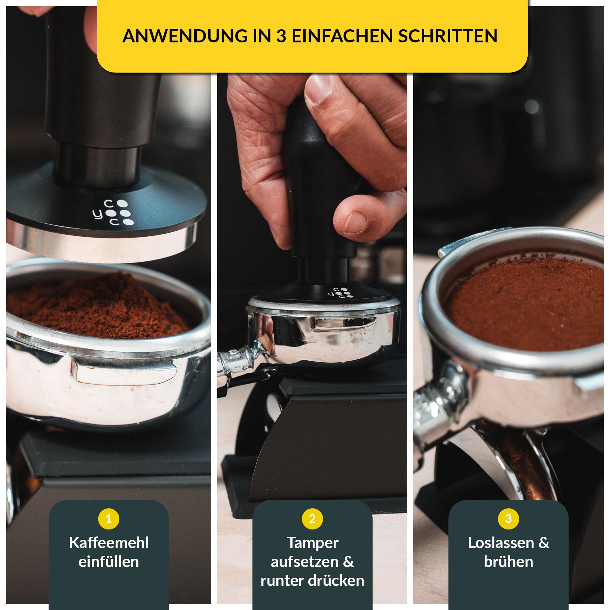 Coyooco Barista Tamper druckregulierend 58,5 mm - Siebträger Tamper mit Feder für gleichmäßigen Druck - Kaffeestempel mit ergonomischem Griff