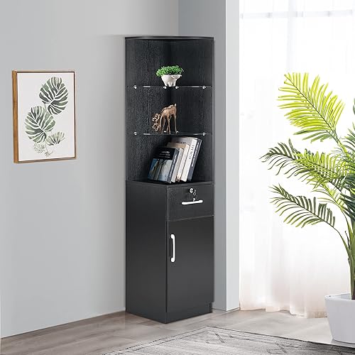 Miniatura 2 de BarberPub Armario de almacenamiento de esquina con puerta y estantes de vidrio para oficina en casa, salón de belleza, spa 3200 (negro)