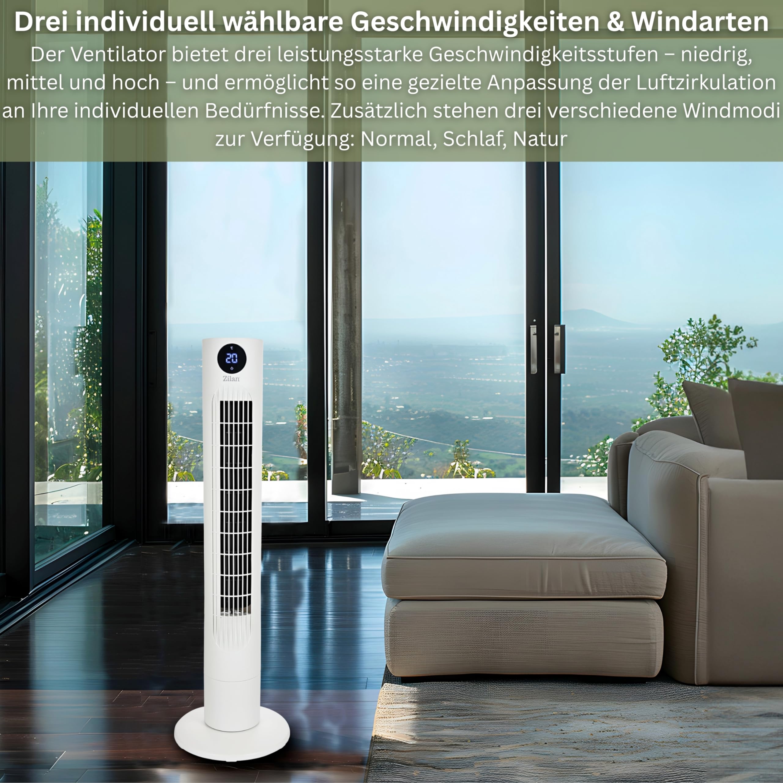 Zilan Turmventilator sehr leise mit Kühlung Standventilator energiesparend Säulenventilator mit Fernbedienung 3 Modi Ventilator Oszillierend 12h Timer LED-Display Tower Fan Aircooler Bodenventilator