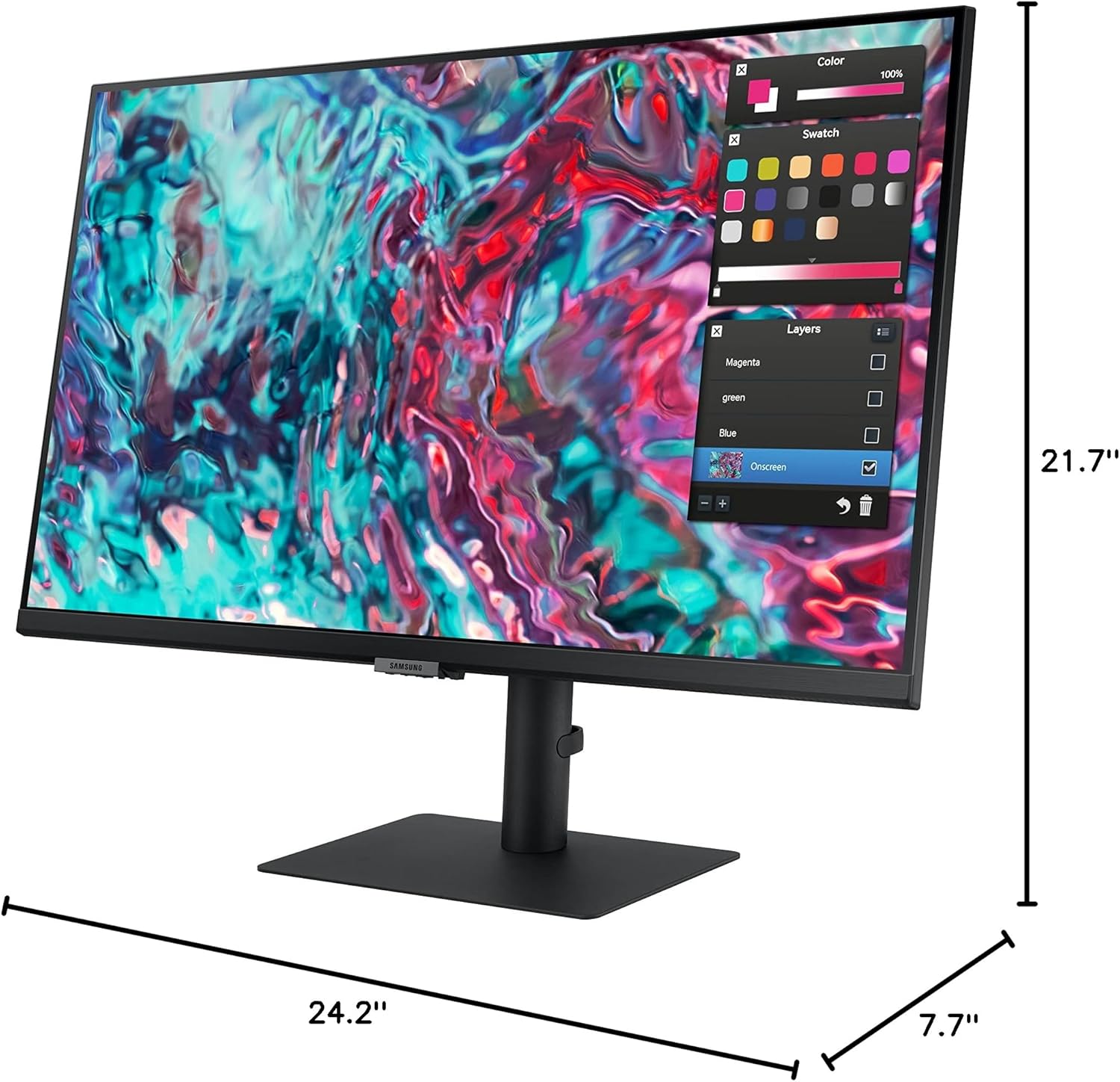 Image showing the dimensions of the Samsung ViewFinity S8 monitor: 24.2 inches wide, 21.7 inches high, and 7.7 inches deep.