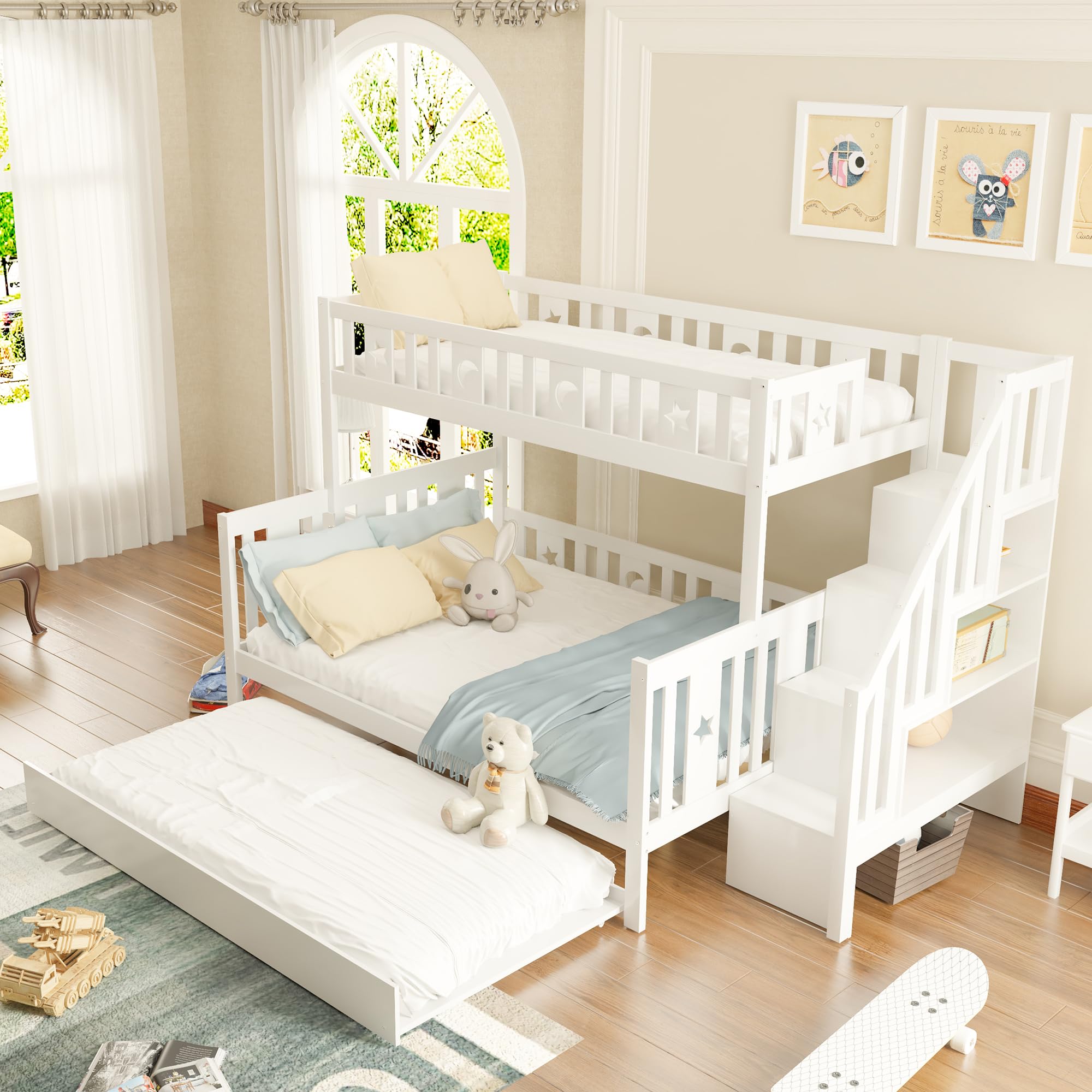 YESGIGA 90 x 200/140 x 200 cm, letto a castello in legno massello con scala di sicurezza, letto a rotelle e rete a doghe (con letto arrotolabile A)