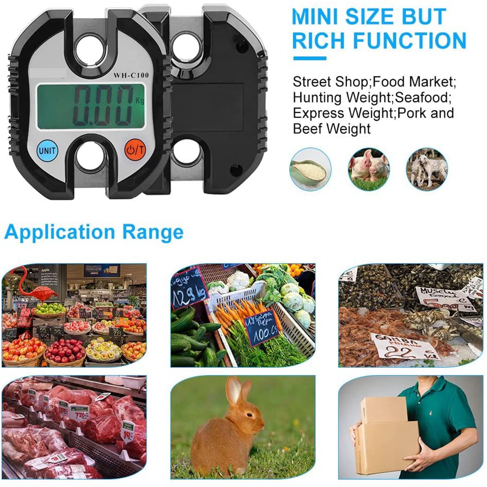 Báscula de equipaje, mini grúa portátil LCD digital electrónica Gancho balanza colgante balanza de bucle balanza digital viaje postal postal pesca balanza.(negro)