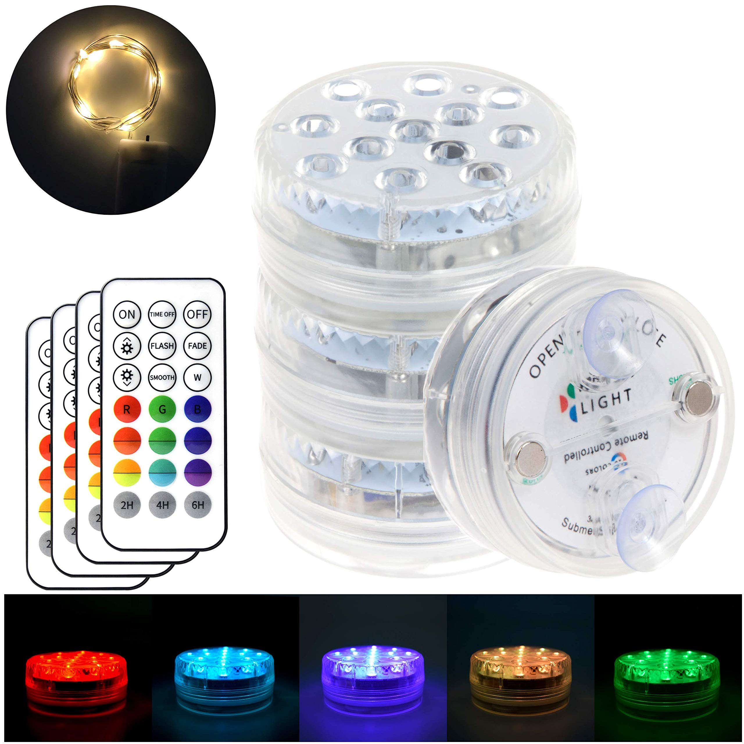 Lot de 4 lampes LED pour piscine enterrée, lampes submersibles à piles avec télécommande - Magnétiques et à ventouse - 3 modes d'éclairage avec 16 couleurs et option minuterie