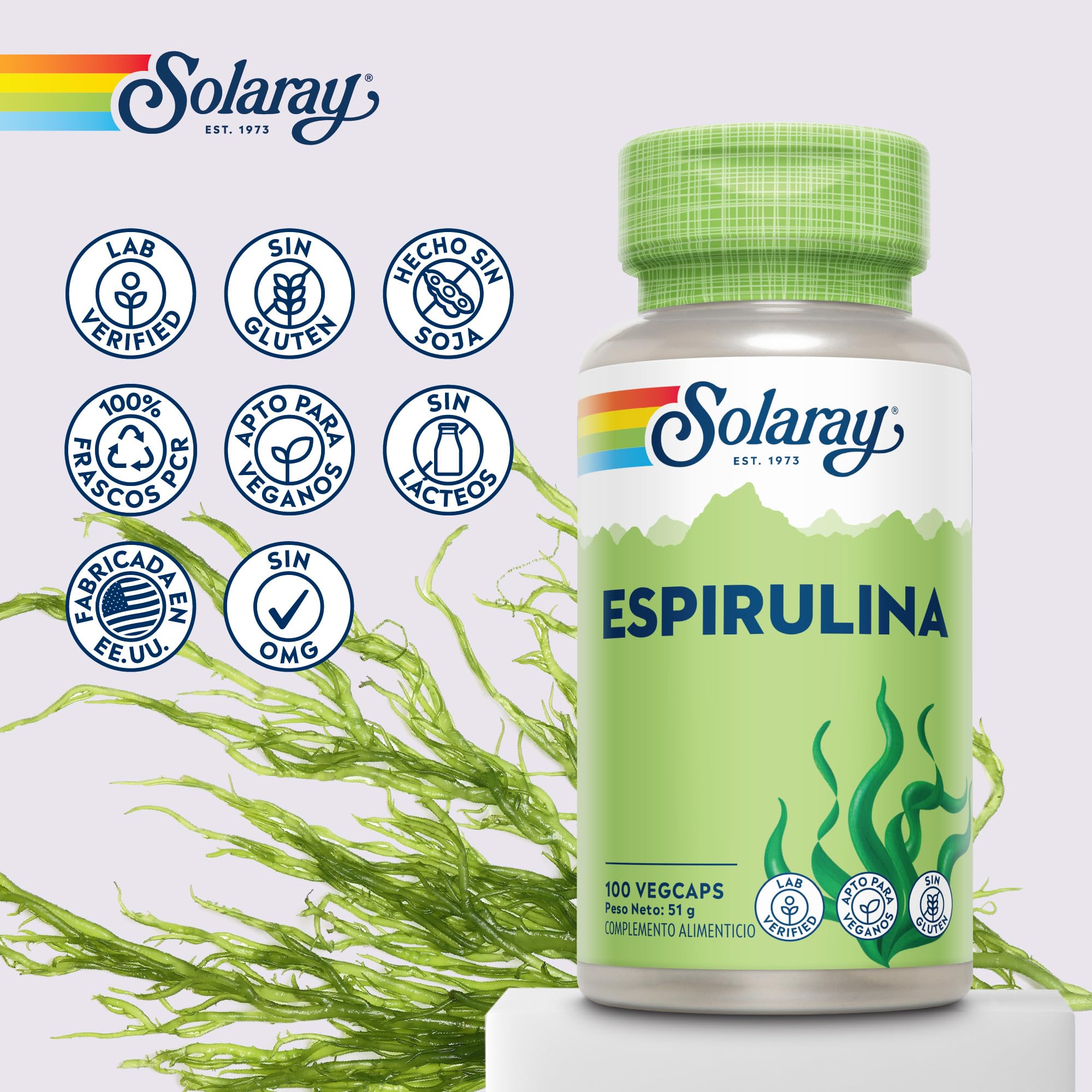 Algas espirulina – 100 cápsulas veganas, no tabletas ni polvo, suplemento de espirulina de alta resistencia con vitamina A añadida de 70 mcg, verificado en laboratorio Solaray