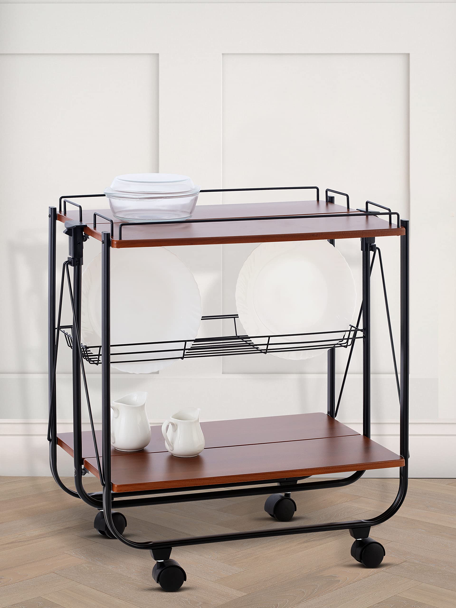 Spread Spain Foldable Wooden Service Trolley - Portable and Stylish Multipurpose Cart for Home and Hospitality - Teak 4