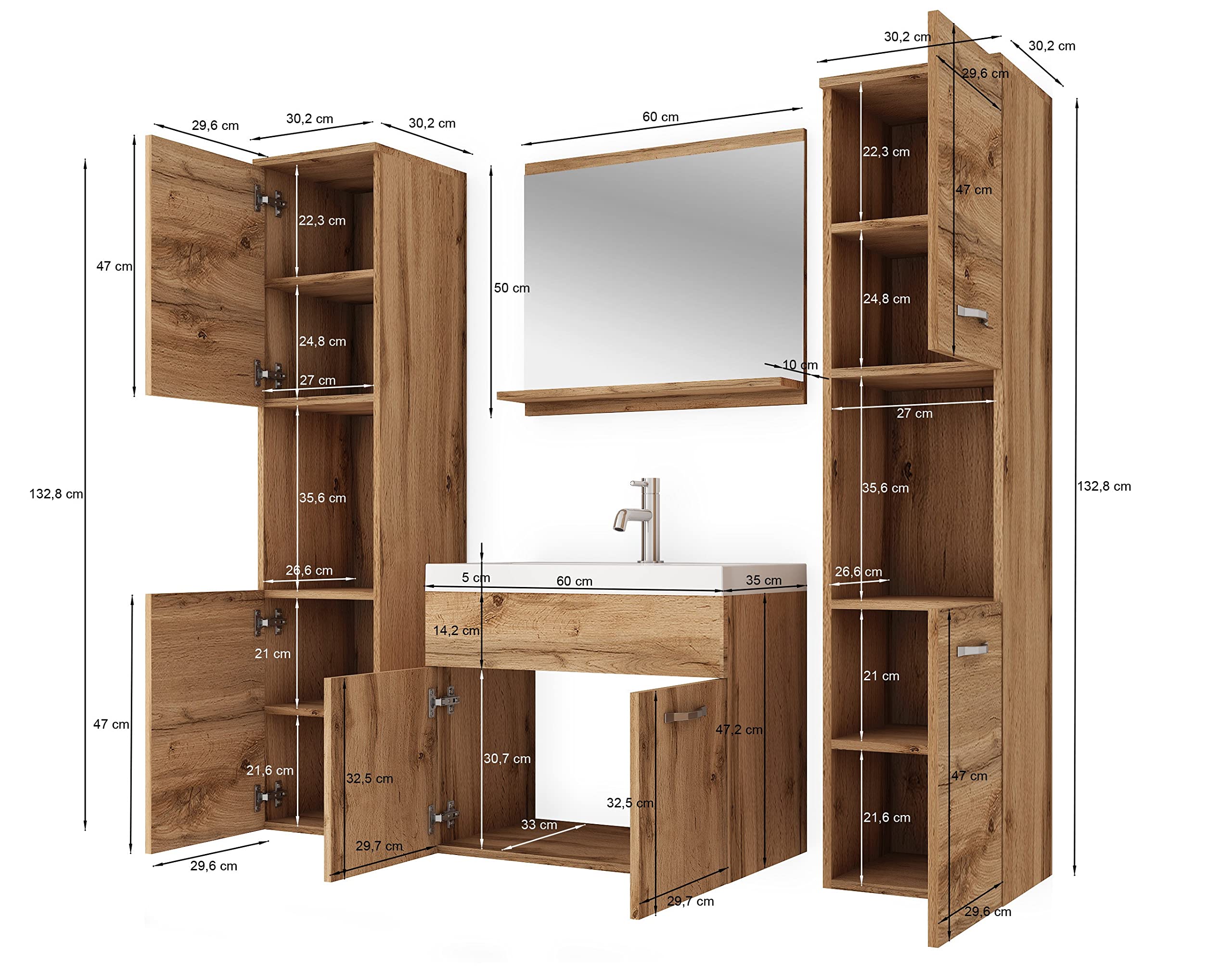 MINIO go for it - Badmöbel 4-Teilig Set Monal, Spiegel mit Regal | Schrank mit Waschbecken Laminierte Spannplatte Griffe und Beschläge aus Metall Wotan Eiche
