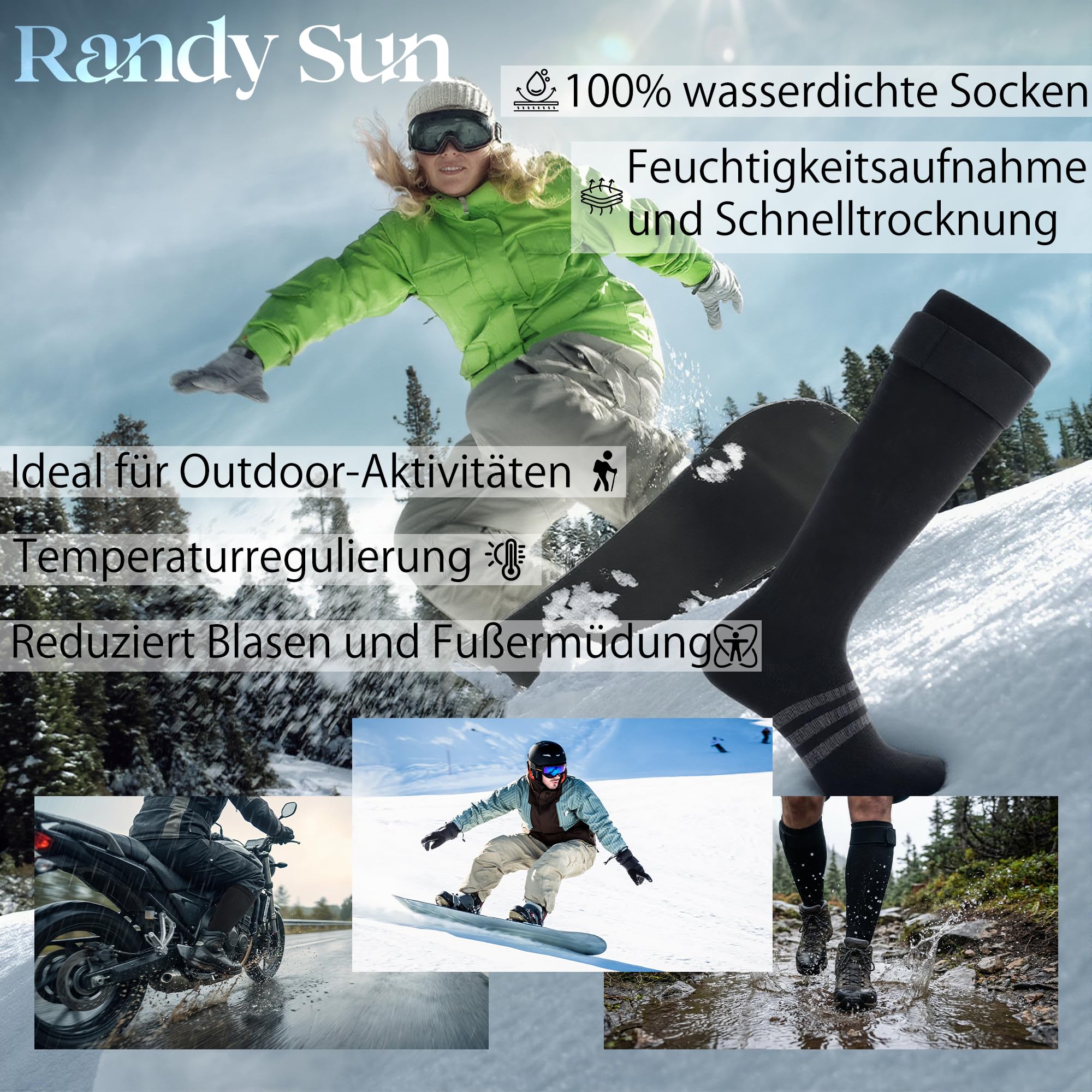 RANDY SUN Wasserdichte Wandersocken Herren Damen Atmungsaktive Thermosocken mit 3-Lagig Membran Winddicht Warme Winter Socken für Trekking Ski Angeln Fahrrad