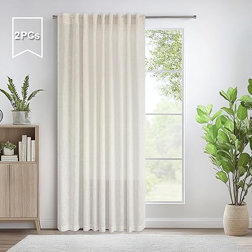 Miniatura 2 de 2 paneles de cortinas de lino, 60 pulg5 pies An x 84 pulg L, bolsillo pcortinero, pestañas tras., traslúc., largas, extraanchas, filtrado luz,