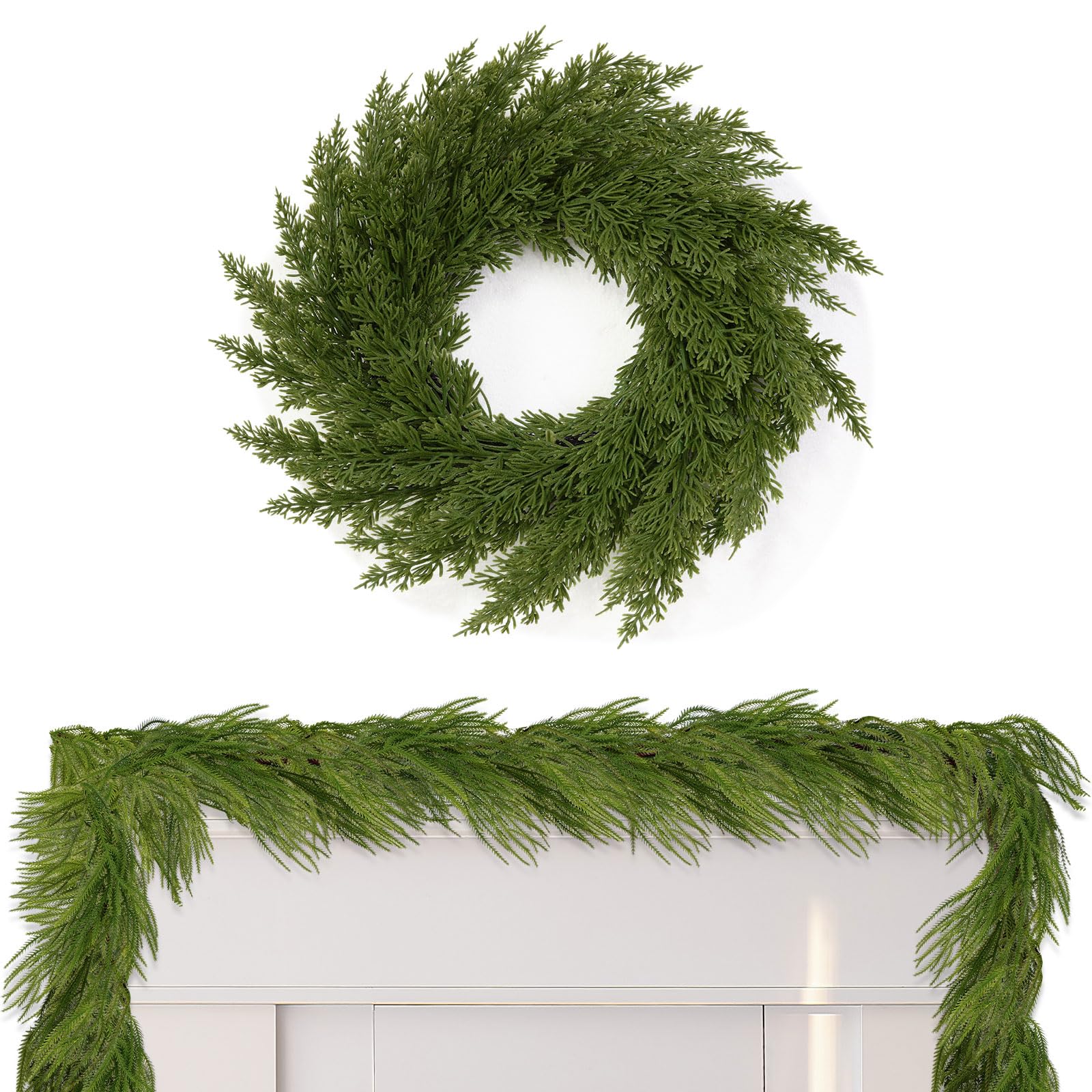 Jenaai 9 FT Christmas Cedar Garland Artificial and Norfolk Pine Wreath Set Faux Cedar Pine Garland and Wreath for Fireplace Mantle Wall Windows Holiday Xmas Decoration(12 Inch)