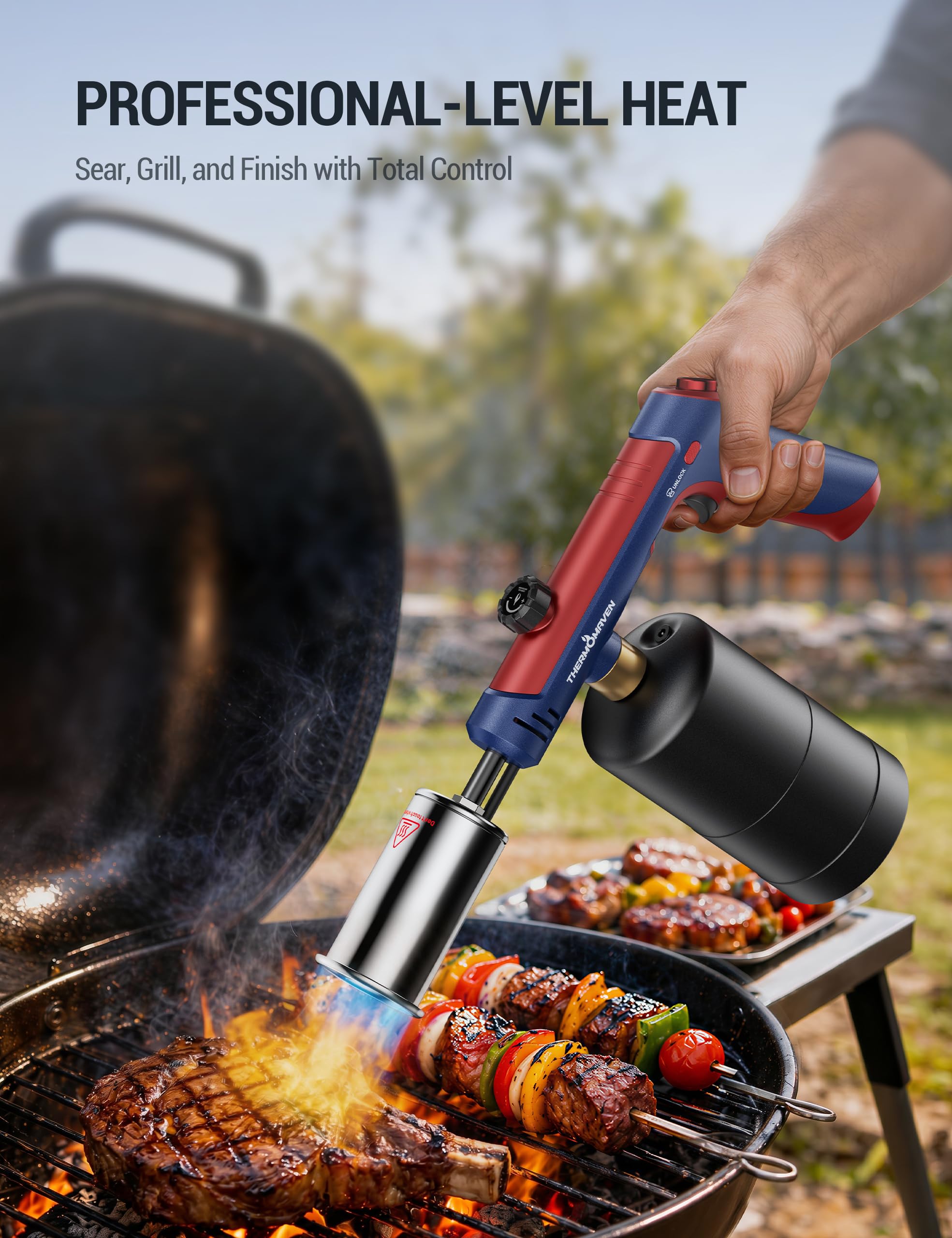ThermoMaven Antorcha de propano con fuego máximo de un solo toque, pistola de soplete con bloqueo de seguridad, lanzallamas para encendedor de carbón, cabezal de antorcha de cocina para parrilla, Sous