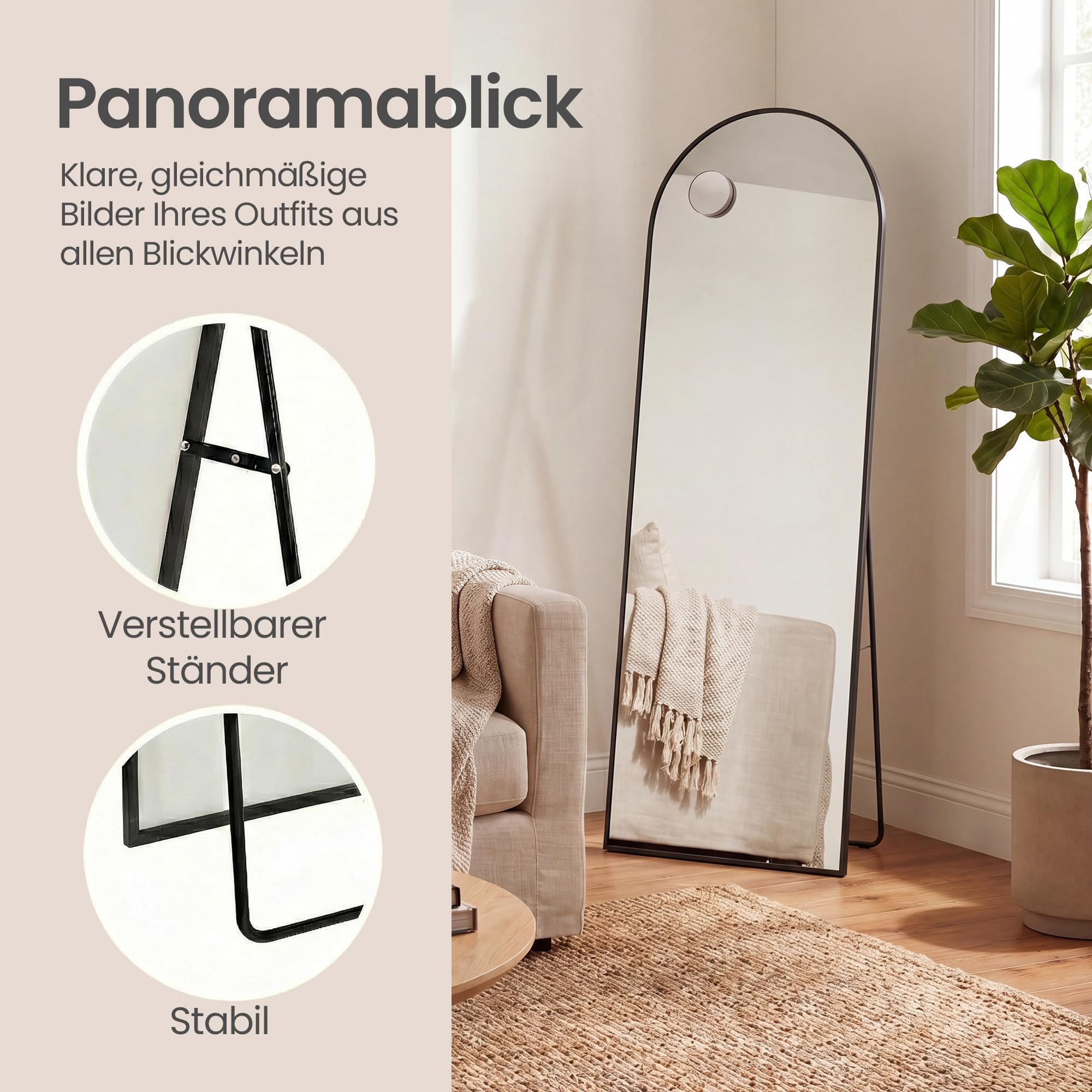 SONGMICS Ganzkörperspiegel, 160 x 50 cm, gewölbter Standspiegel, mit Vergrößerungsspiegel, Rahmen aus Aluminiumlegierung, Hartglas, für Schlafzimmer, Wohnzimmer, Garderobe, tintenschwarz LFM031BD02