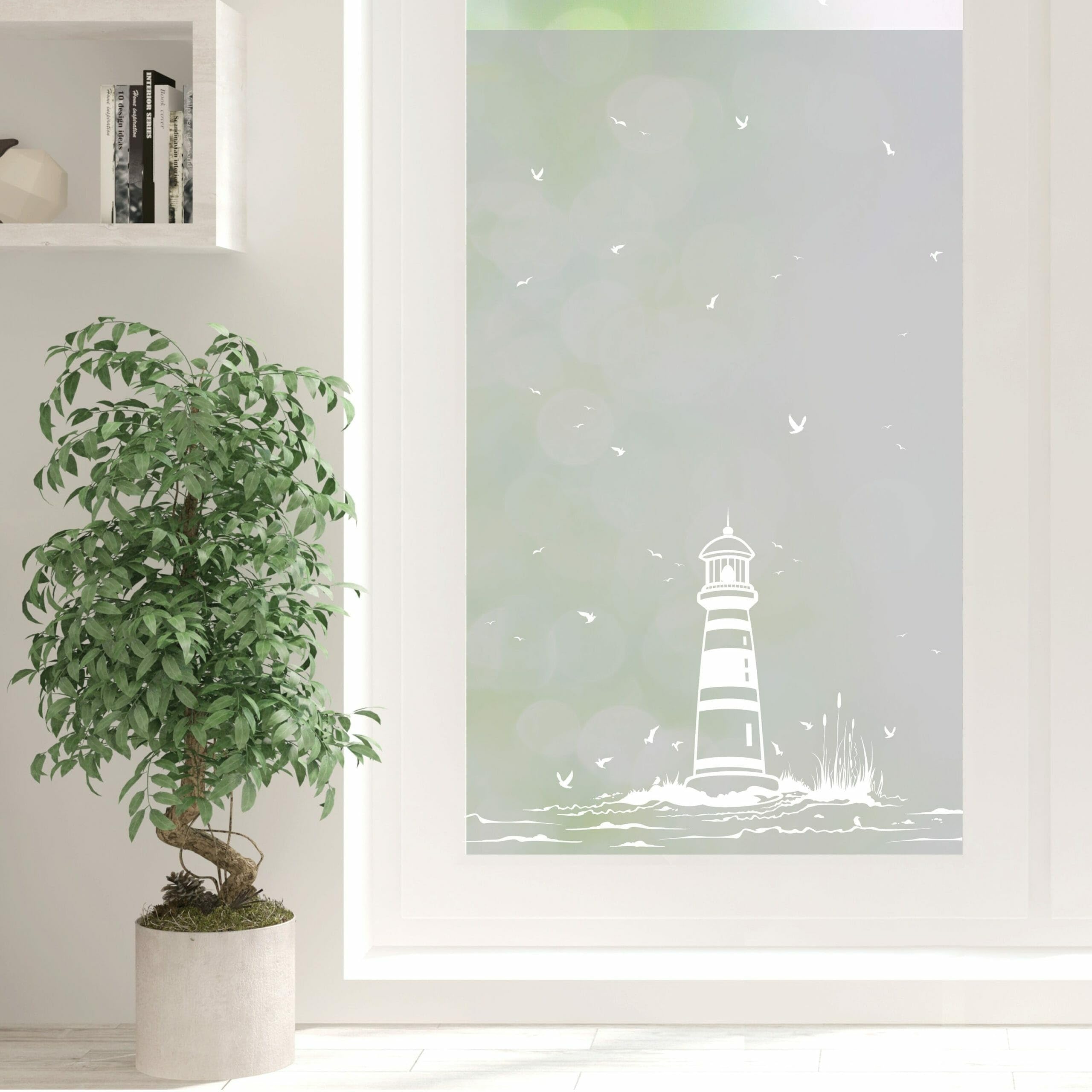 Sichtschutzfolie Leuchtturm Maritime Fensterfolie Fensterdeko Milchglasfolie, 55 cm hoch, 110 cm breit