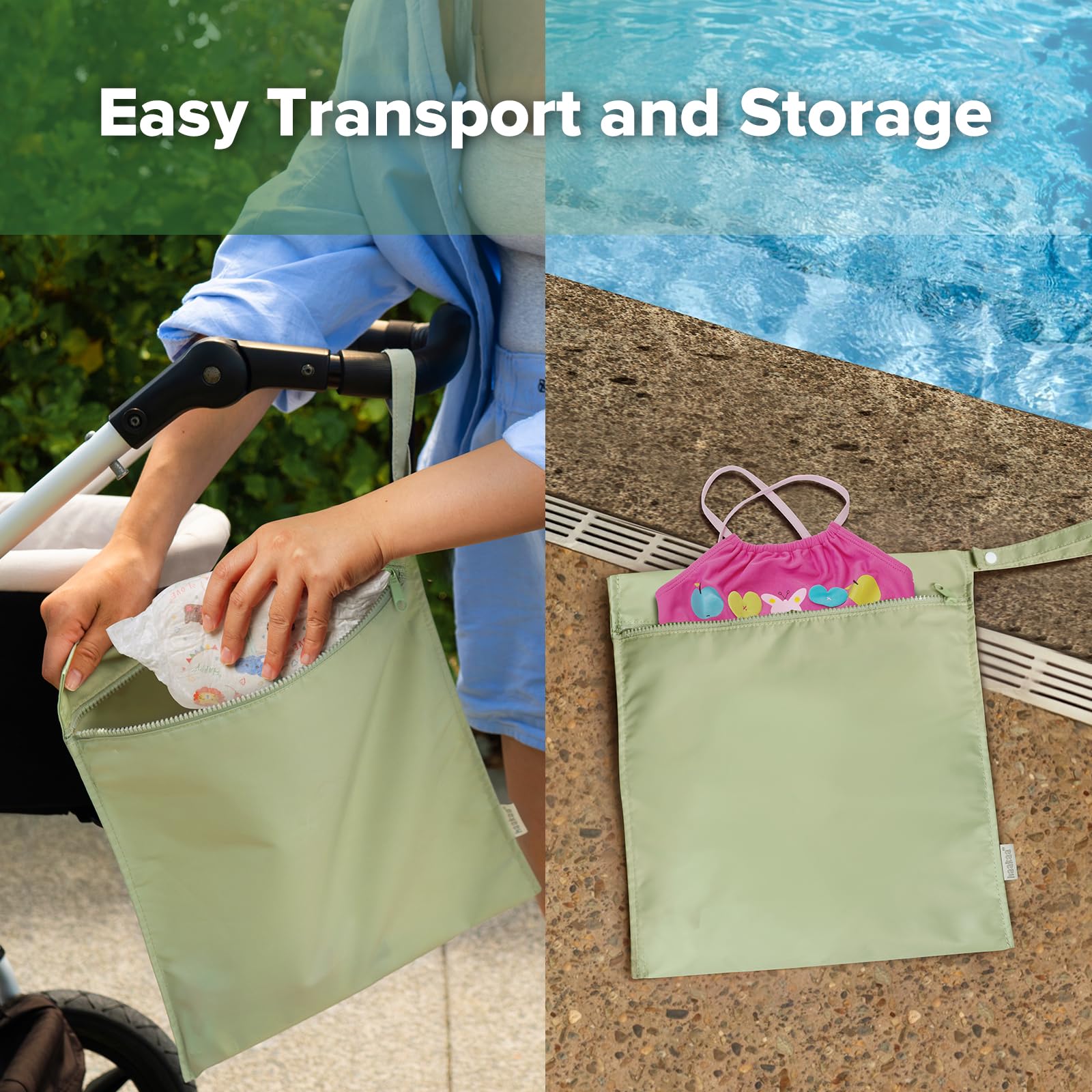 haakaa Waterproof Wet Bags for Baby Wet Dry Bags for Cloth Diaper Swimsuit & Travel, 2pcs, Grass, 12.6 x 14.6 inches, 12.6 x 37 inches - Image 3