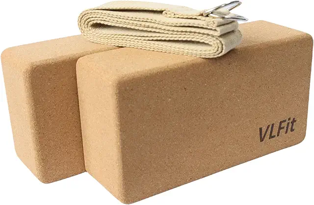 VLFit Natural Cork Yoga Blocks Set of 2 with Yoga Strap - Eco-Friendly