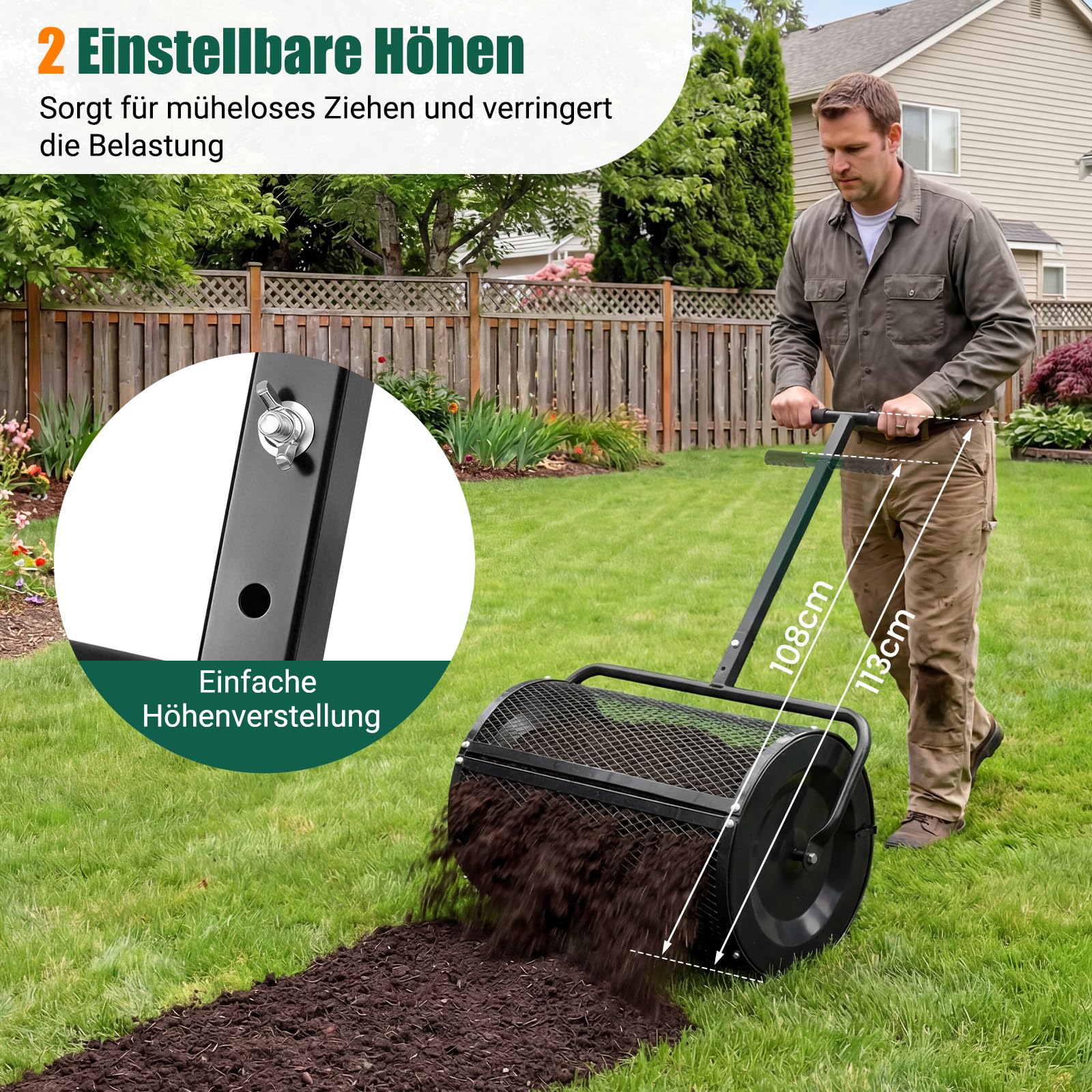 COSTWAY Kompoststreuer 77 L, Torfmoosstreuer mit höhenverstellbarem T-Griff & Mesh-Korb, Ø40x61cm, Düngerstreuer für Garten Rasen, Gartenstreuer für Dünger Saat, Handstreuer Kompostwalze (Schwarz)