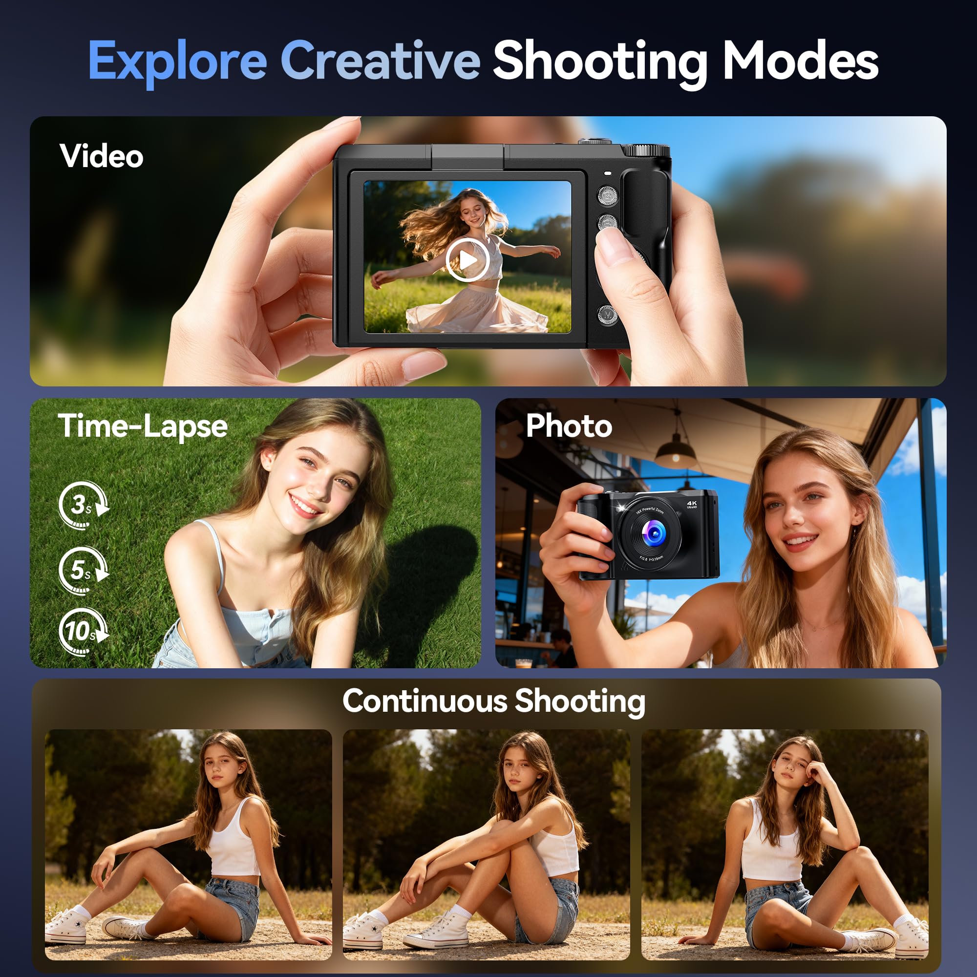 Appareil Photo Numérique 4K Digital: 56MP Appareils Numérique avec molette de Mode Écran Rabattable 180° - Camera pour Vlog avec Carte 32GB - pour Adolescents Débutants Adultes Enfant