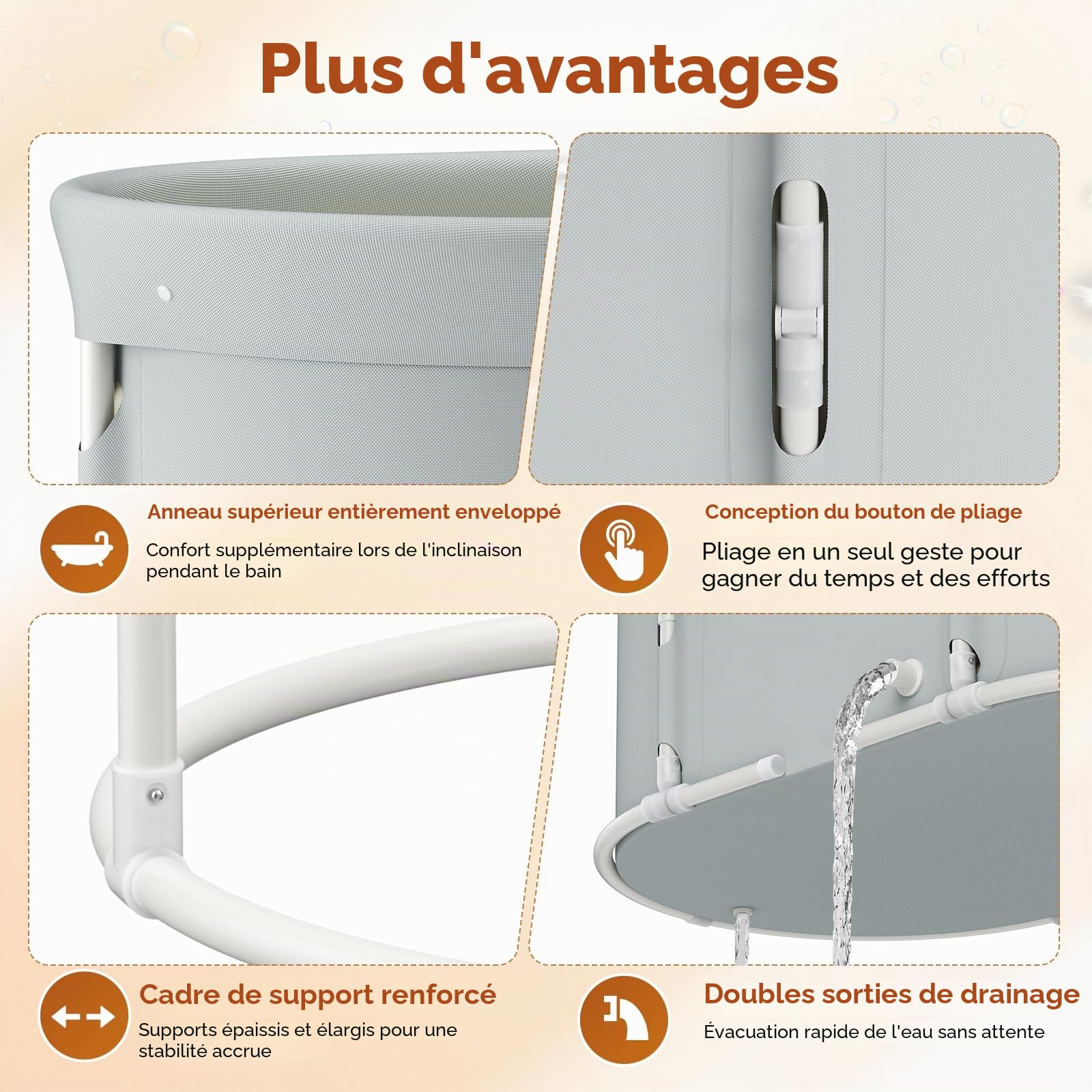 Baignoire pliable portable pour adultes, 110 Lx60Wx54 H cm, baignoire autoportante avec siège, spa avec douche chaude, baignoire pliable pour adultes et enfants (Gris-ovale)
