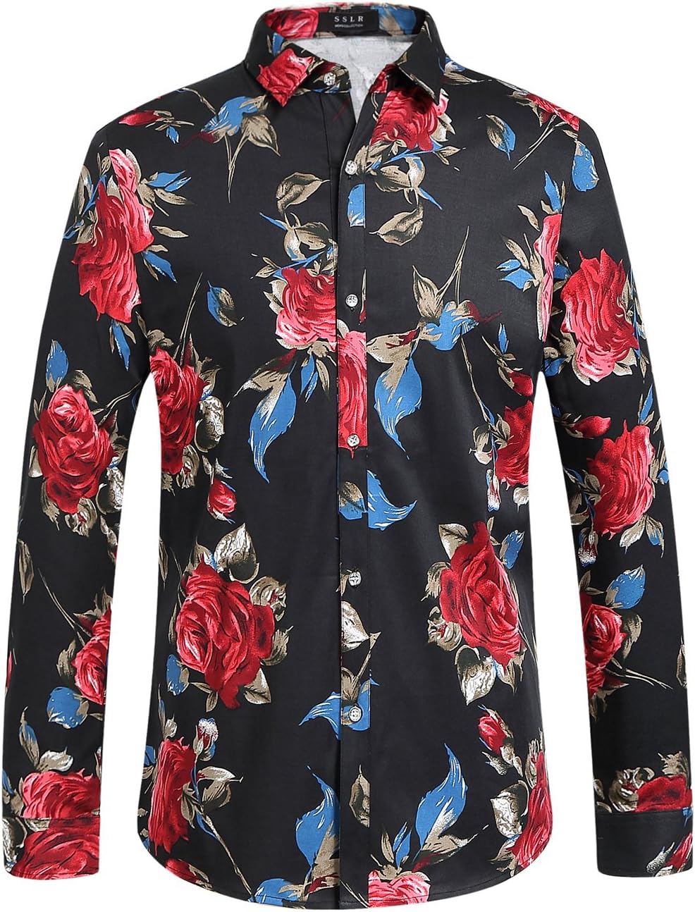 SSLR Men's Floral Cotton Button Down Long Sleeve Hawaiian Shirt