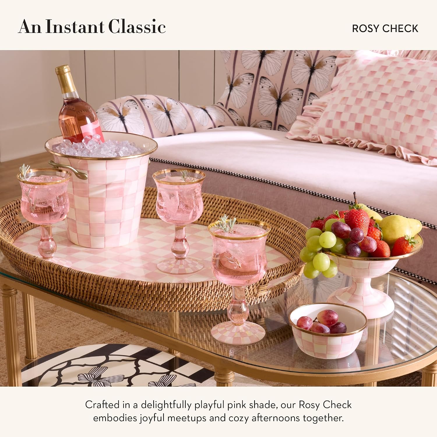MACKENZIE-CHILDS Wine Cooler, Champagne and Wine Bucket, Ice Bucket, Pink-and-White Rosy Check