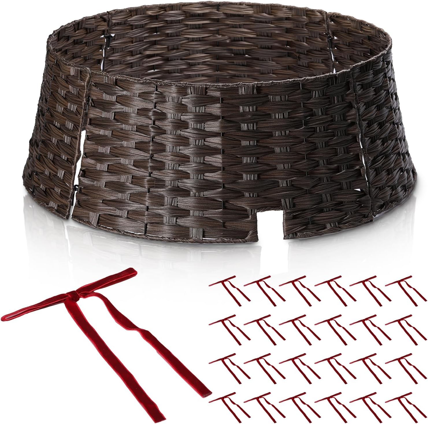 28" Christmas Tree Collar for Pencil Trees with 24Pcs Velvet Christmas Tree Bows,Cord Cut-Out, Basket Tree Skirt Collar Stand for 4.5-9 ft Artificial Trees Dark Brown 28in