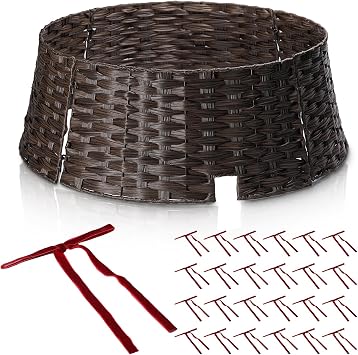 28" Christmas Tree Collar for Pencil Trees with 24Pcs Velvet Christmas Tree Bows,Cord Cut-Out, Basket Tree Skirt Collar Stand for 4.5-9 ft Artificial Trees