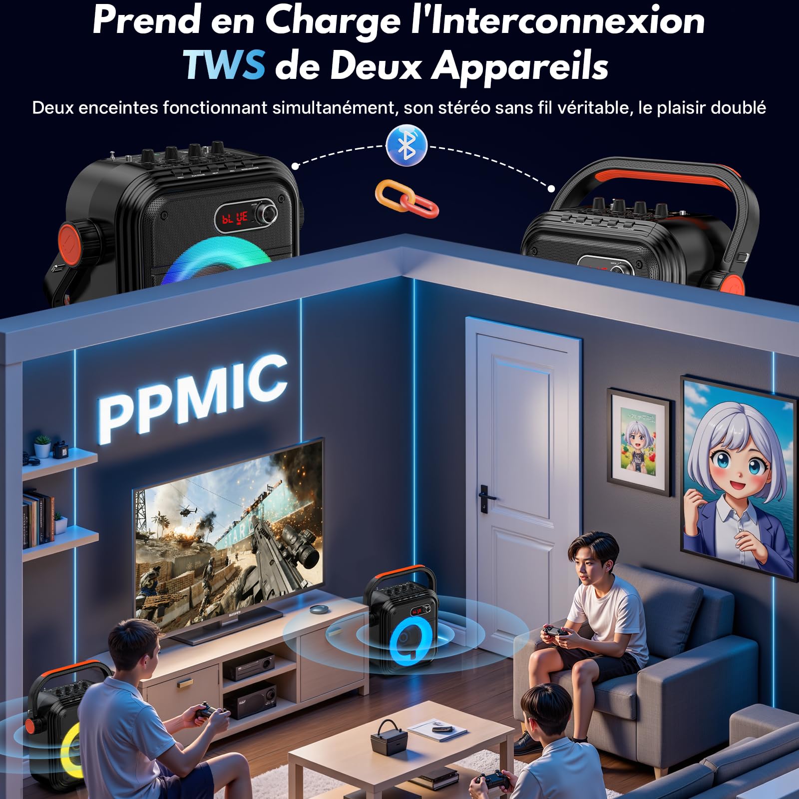 JYX Machine Karaoke avec 2 Microphones sans Fil, 90W Enceinte Karaoke Complet avec Lumières de fête, Portable Système Karaoké Support TWS/AUX/FM/USB/TF Carte