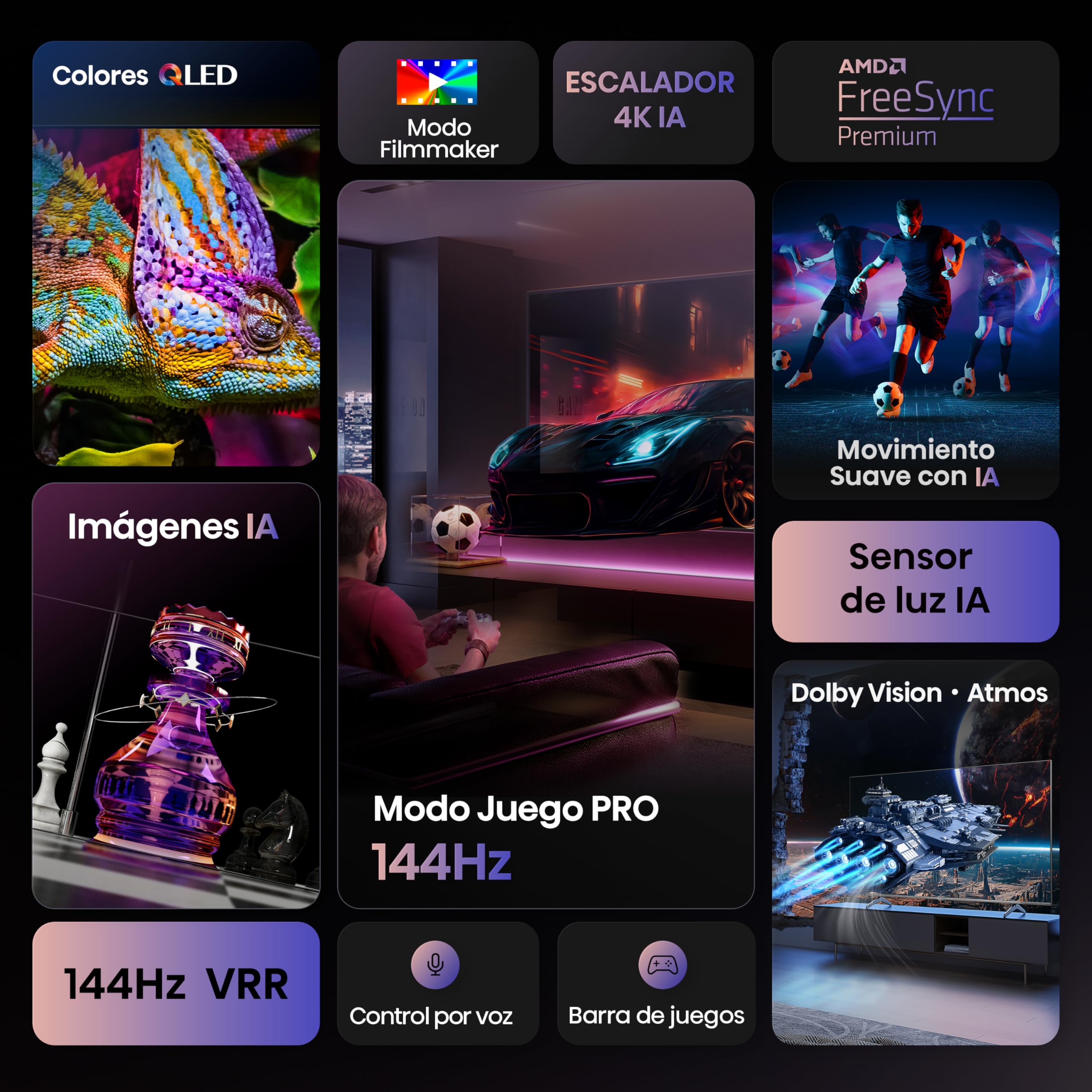 Hisense 65E7Q Pro - QLED Smart TV, Gaming TV, Modo Juego Pro 144Hz, AMD Freesync Premium Pro, Dolby Vision IQ + Dolby Atmos, Hi-Concerto, Procesador Hi-View Engine