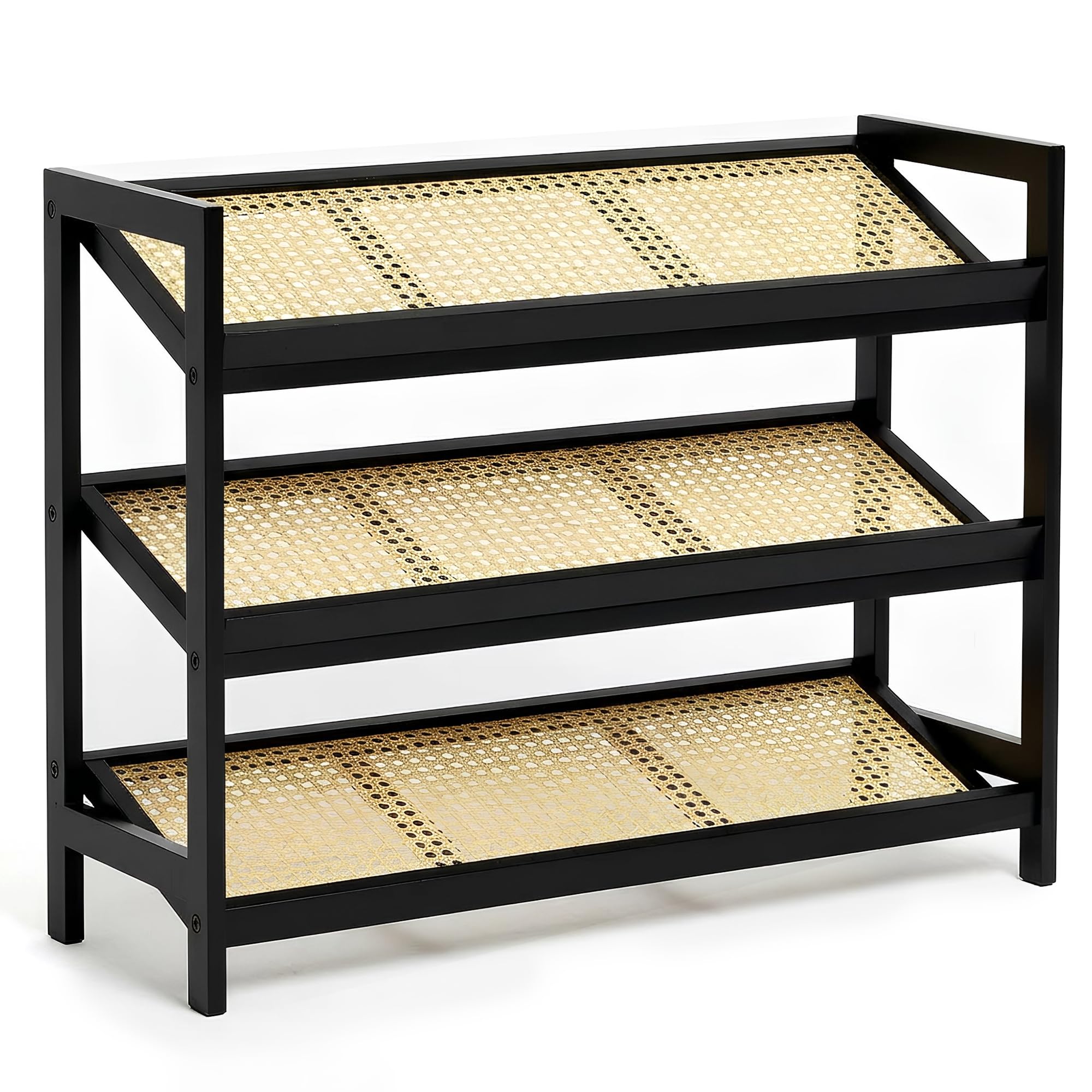 Keplin Bamboo And Rattan Shoe Rack Organiser, And Natural, 3 Tier Black
