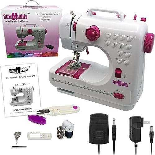 Miniatura 7 de Sew Mighty Mini máquina de coser portátil y kit de costura, 12 patrones de puntada preprogramados, funciona con batería y CA, doble velocidad, cose