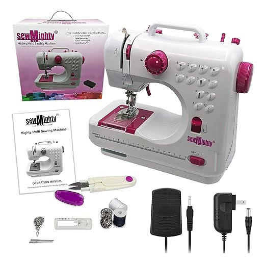 Sew Mighty Mini Sewing Machine – Portable, Battery & AC Powered, 12 Programmed Stitch Patterns, Dual Speed – Sews Forward & Reverse, AC Power or Battery Operated – Includes Foot Pedal