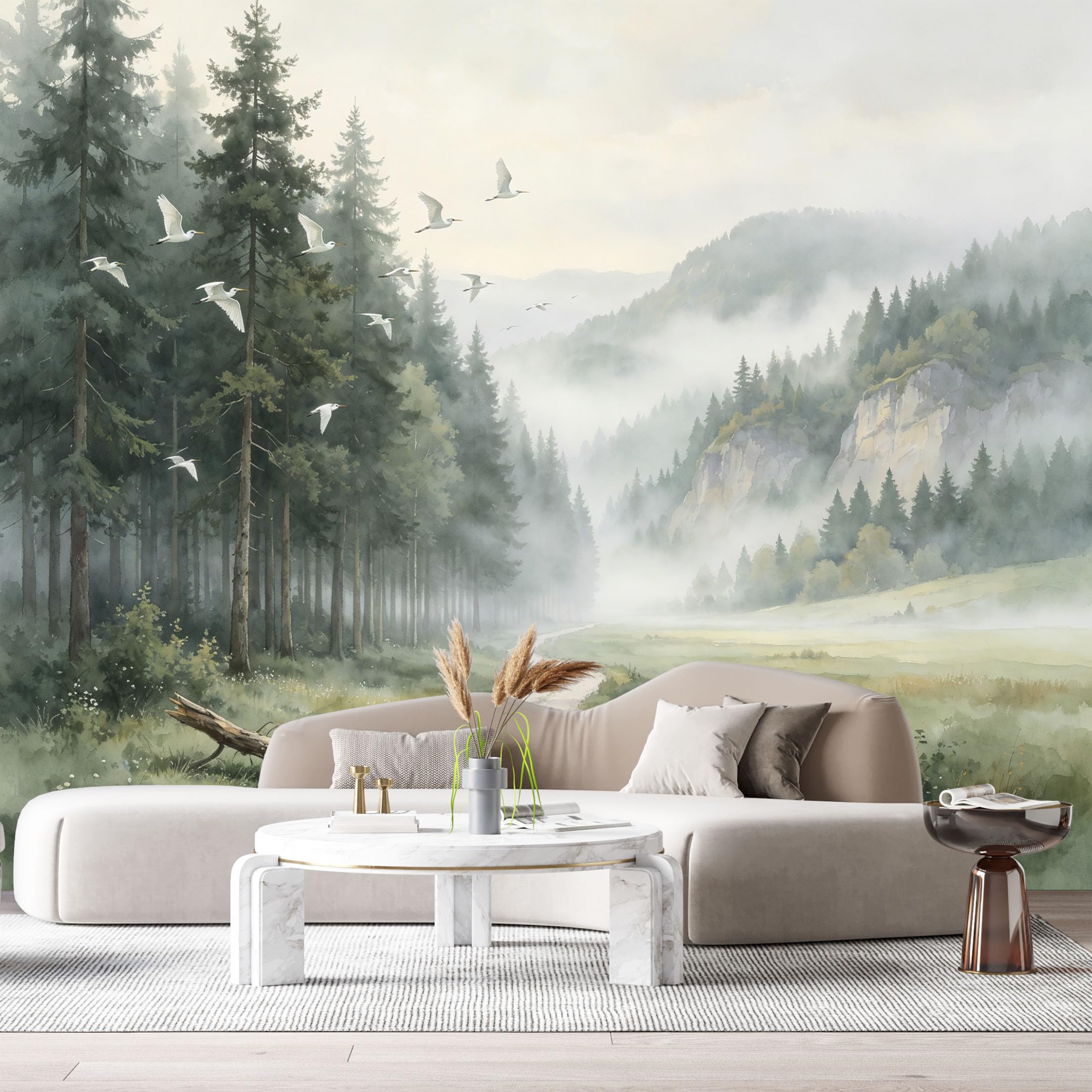 Custom Size Wall Murals Misty Forest Landscape Watercolor Painting Birds Flying Trail SelfAdhesive Wall Fabric Removable Large Wallpaper for Photo Living Room